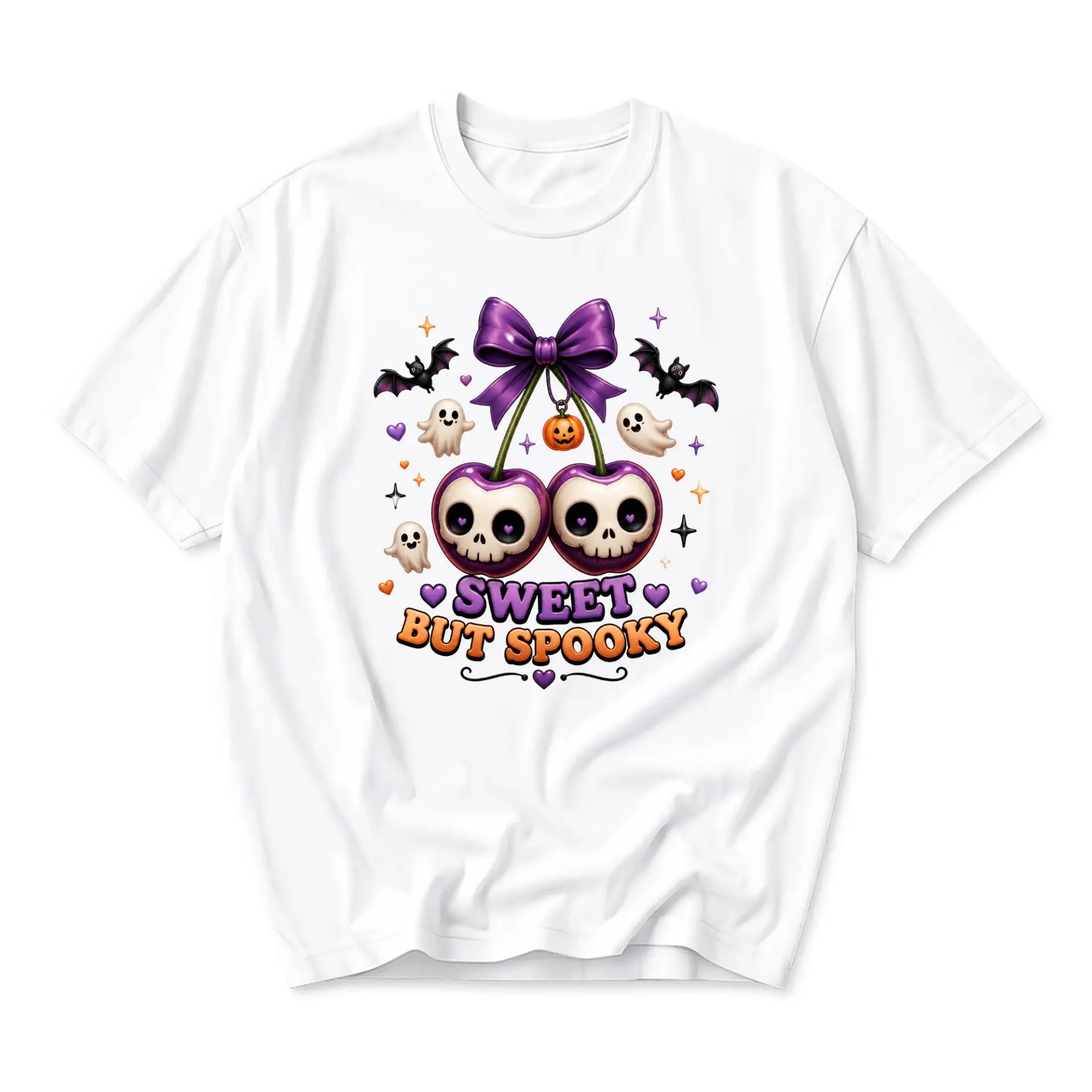Graphic Tee Sweet but Spooky Skull Cherries Print Unisex Casual Crew Neck Soft Cotton Blend Summer Halloween Top