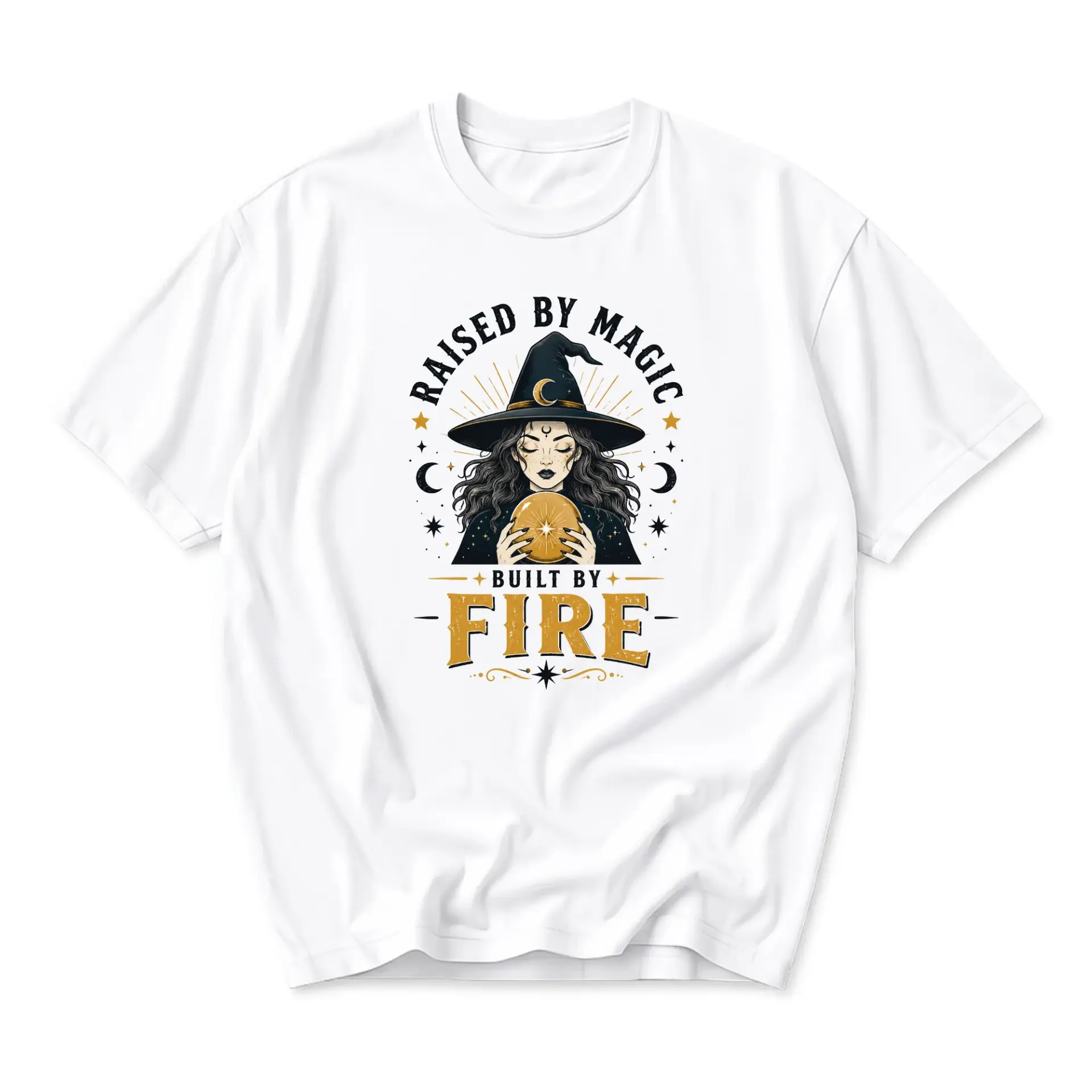 Graphic Tee Raised by Magic Built by Fire Witch Illustration Unisex Casual Crew Neck Soft Cotton Short Sleeve Top