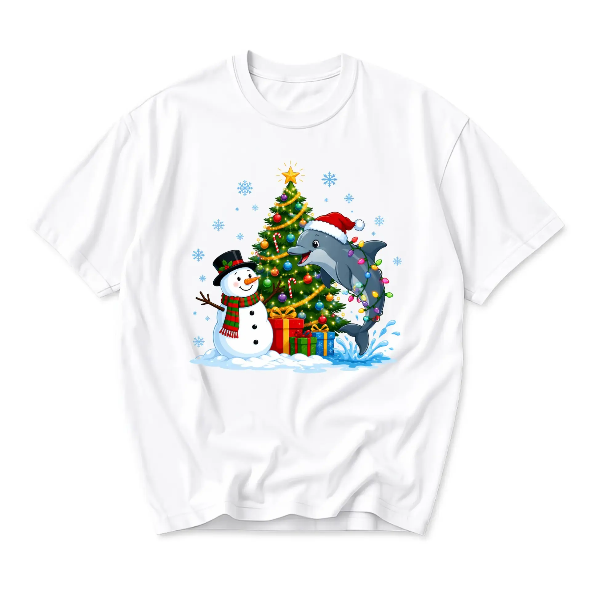 Graphic Tee Unisex Christmas Dolphin and Snowman Holiday Print Crew Neck Shirt Soft Cotton Casual Apparel for Adults