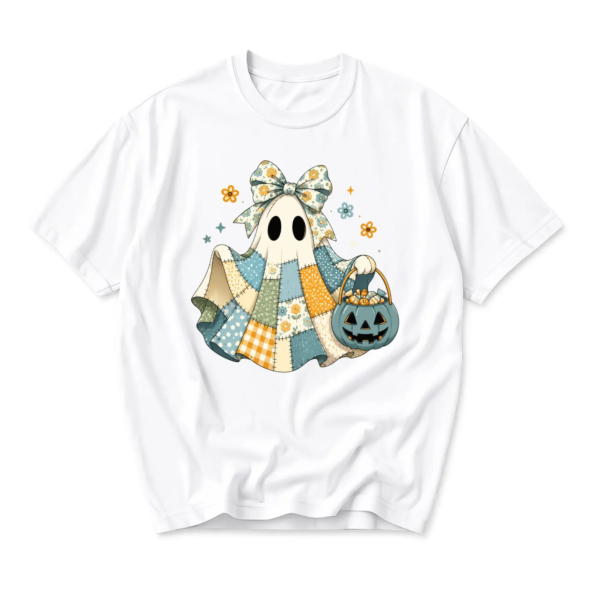 Graphic Tee Cute Ghost with Patchwork Design for Casual Wear and Holiday Season Stylish Unisex Crew Neck Graphic Shirt