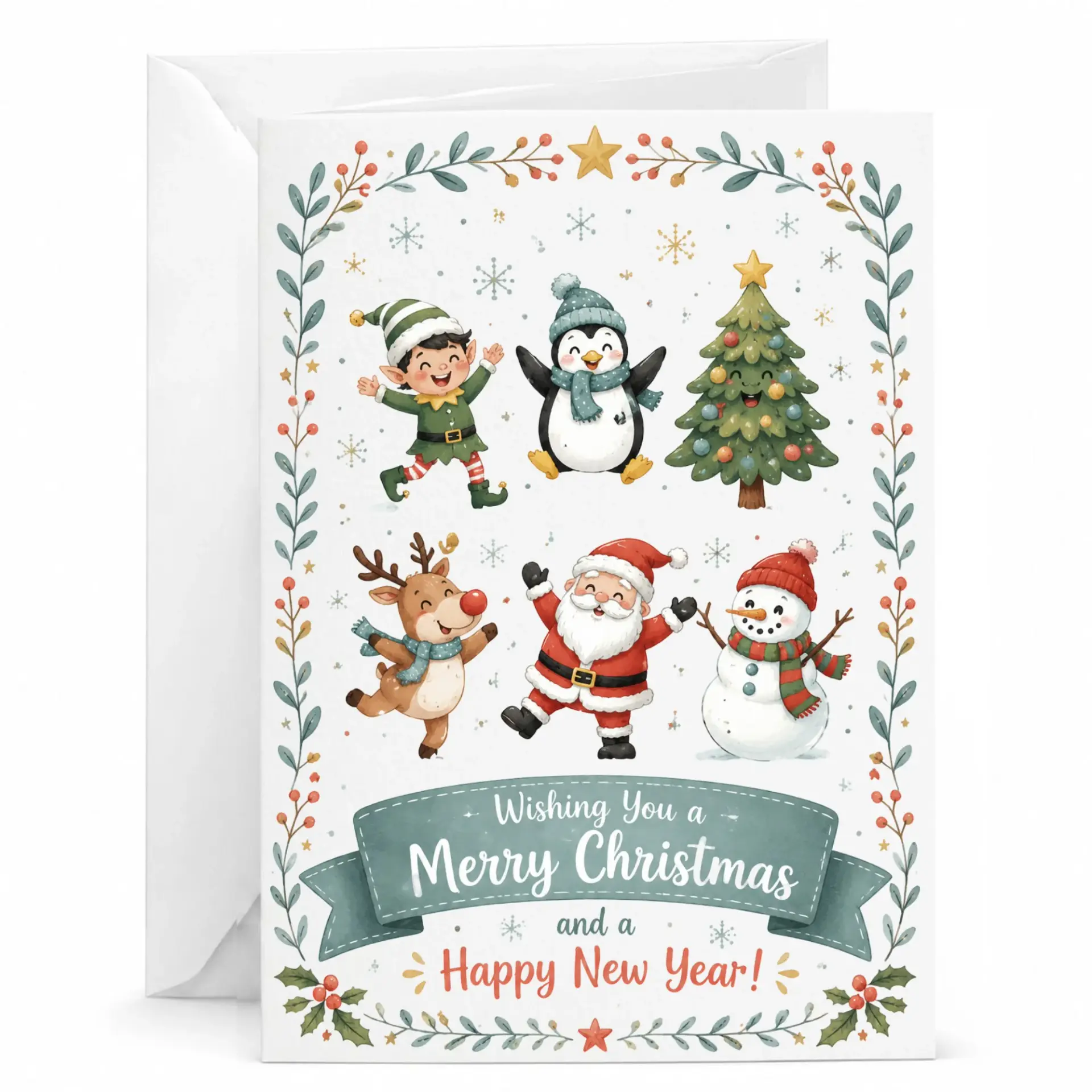 Greeting Card Merry Christmas and Happy New Year Festive Holiday Illustration with Santa Elf Reindeer and Friends