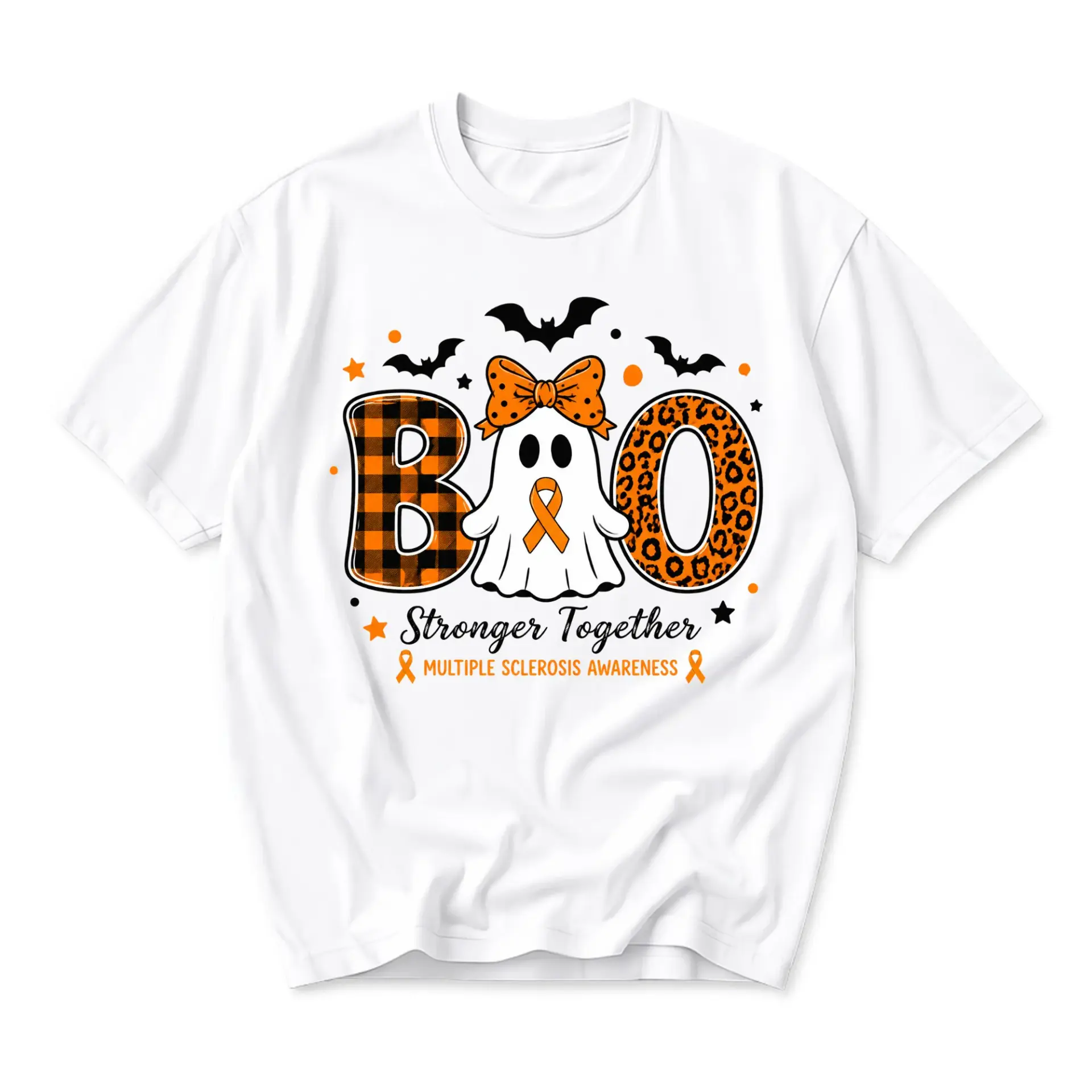 Graphic Tee Unisex Multiple Sclerosis Awareness Boo Ghost T-Shirt Featuring Orange Ribbon Halloween Seasonal Design