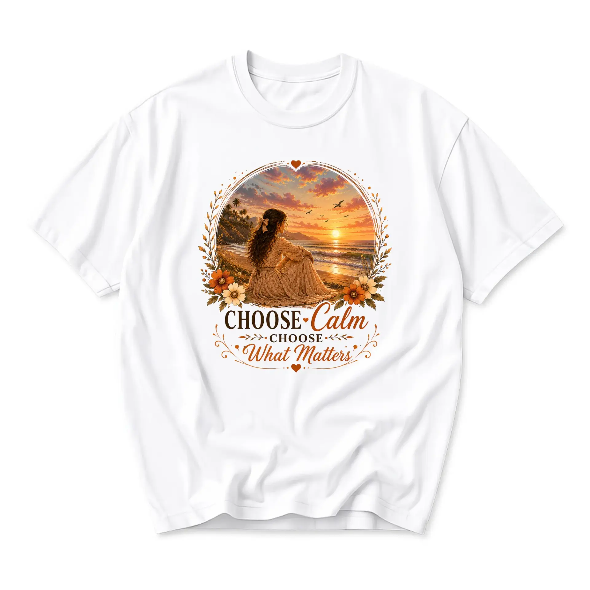 Graphic Tee Choose Calm Choose What Matters Artistic Sunset Beach Nature Scene Unisex Crew Neck Cotton Shirt