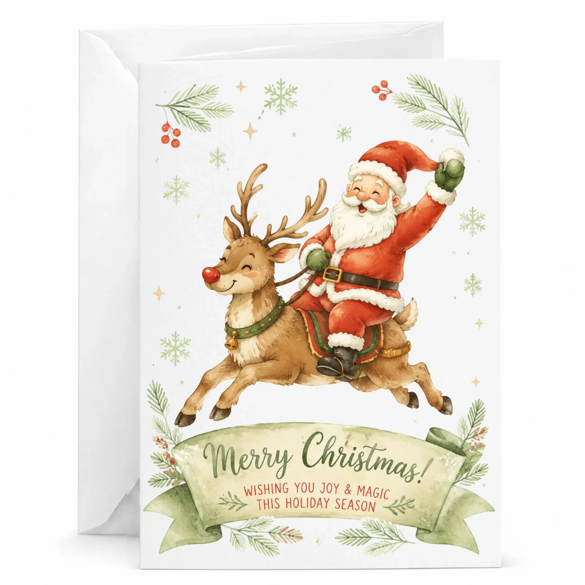 Greeting Card Merry Christmas Featuring Santa Riding a Reindeer with Festive Watercolor Holiday Decorations