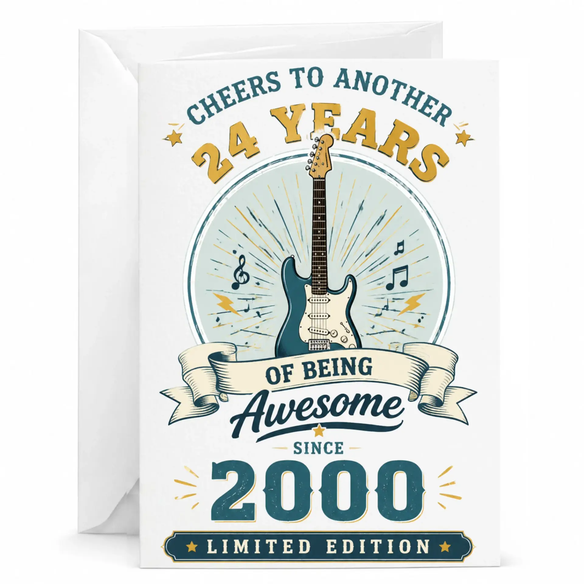 Birthday Card for 24th Birthday Guitar Theme Awesome Since 2000 Vintage Style Greeting Card with Envelope
