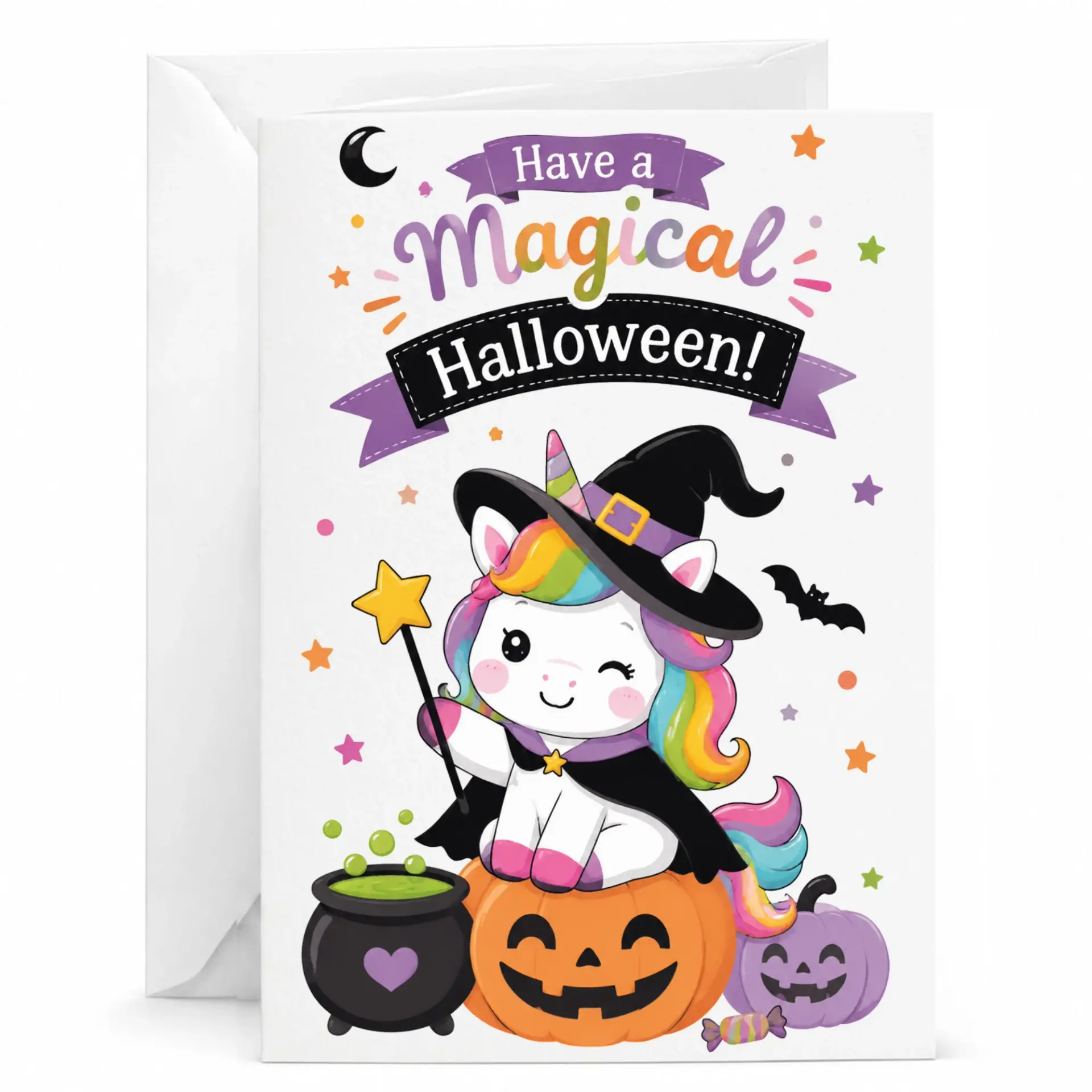 Funny Magical Halloween Greeting Card Cute Witch on Pumpkin Design with Matching White Envelope
