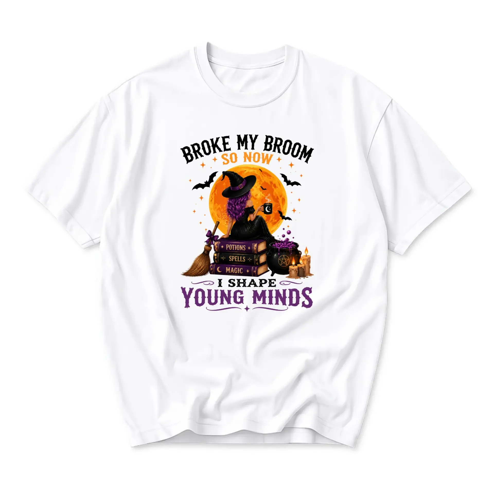 Graphic Tee Broke My Broom I Shape Young Minds Funny Witch Halloween Shirt Unisex Casual Crew Neck Soft Cotton Top
