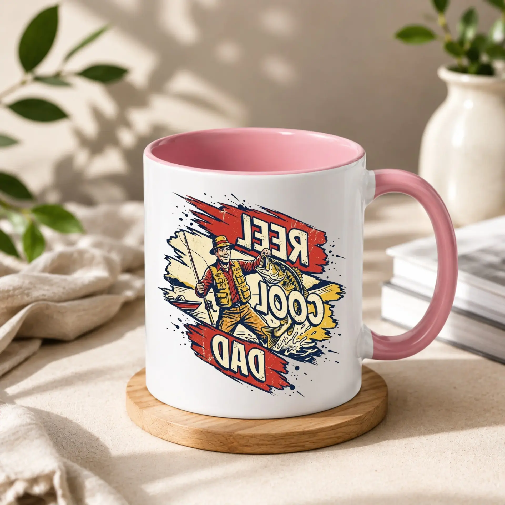 Funny Fishing Theme Ceramic Coffee Mug for Men Featuring Reel Cool Dad Graphic Design with Blue Handle and Rim