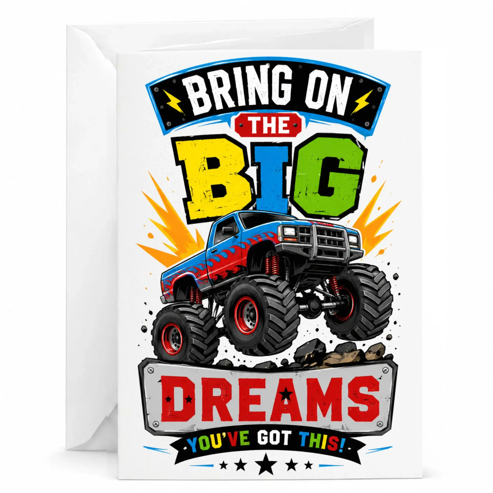 Greeting Card Monster Truck Theme Big Dreams Encouragement for Friends and Family 5x7 Inches