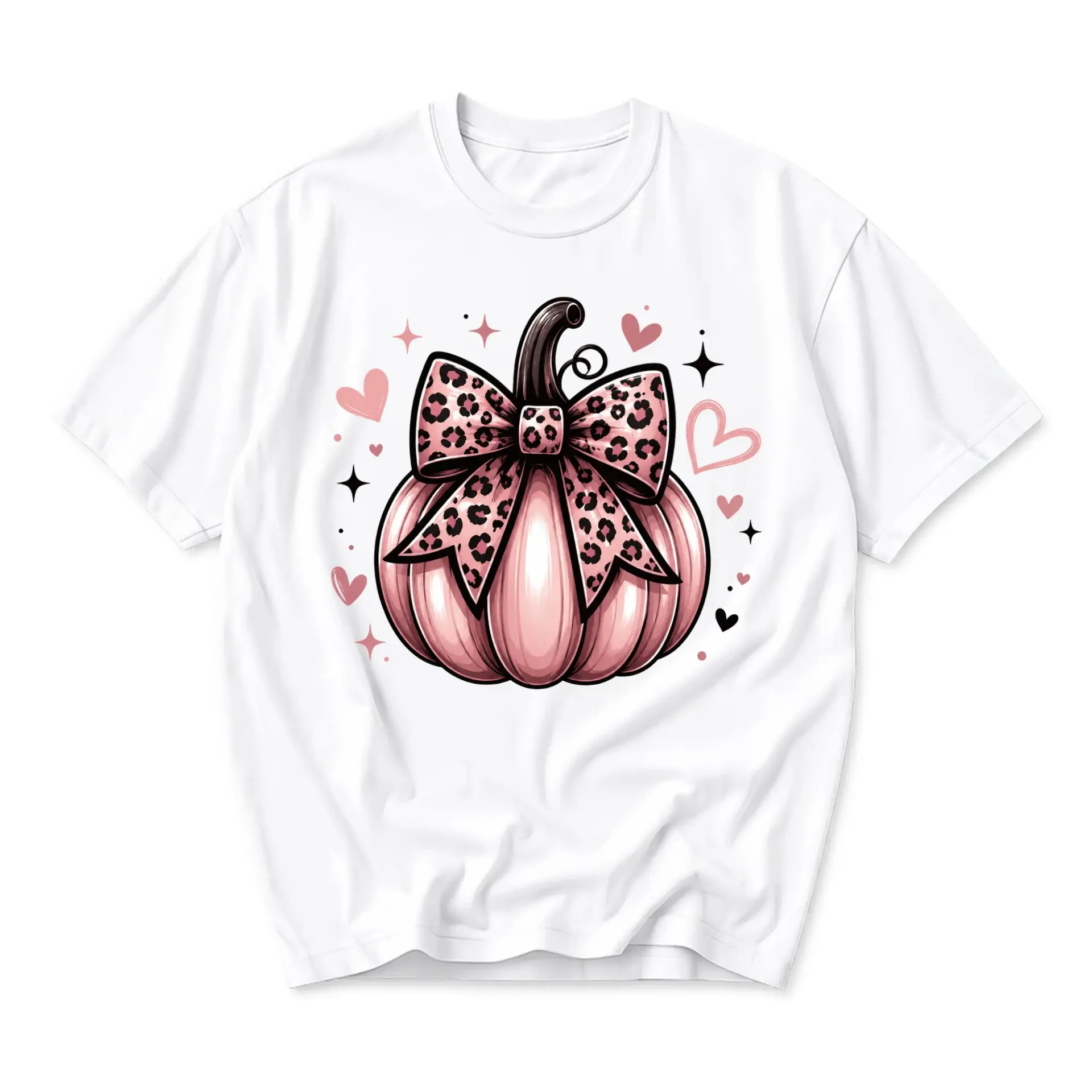 Graphic Tee Pumpkin with Leopard Print Bow Design Unisex Crew Neck Soft Cotton Casual Everyday Apparel for Seasonal Wear