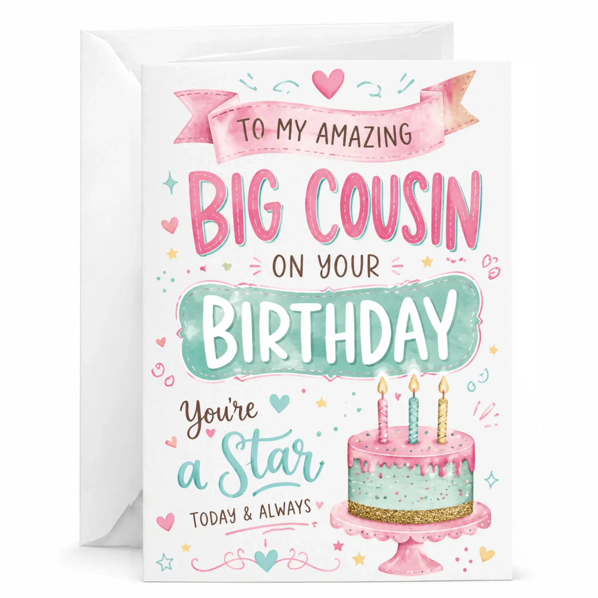 Birthday Card for Big Cousin Charming Illustrated Greeting with Cake and Star Family Members