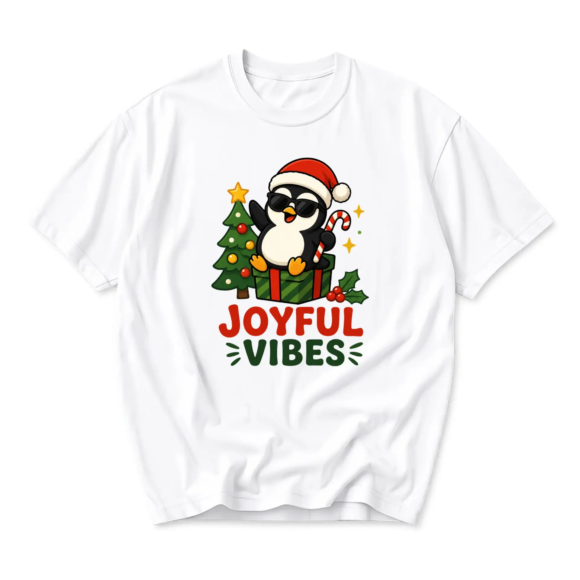 Graphic Tee Joyful Vibes Penguin Wearing Santa Hat and Sunglasses Holiday Casual Unisex Short Sleeve Crew Neck Shirt