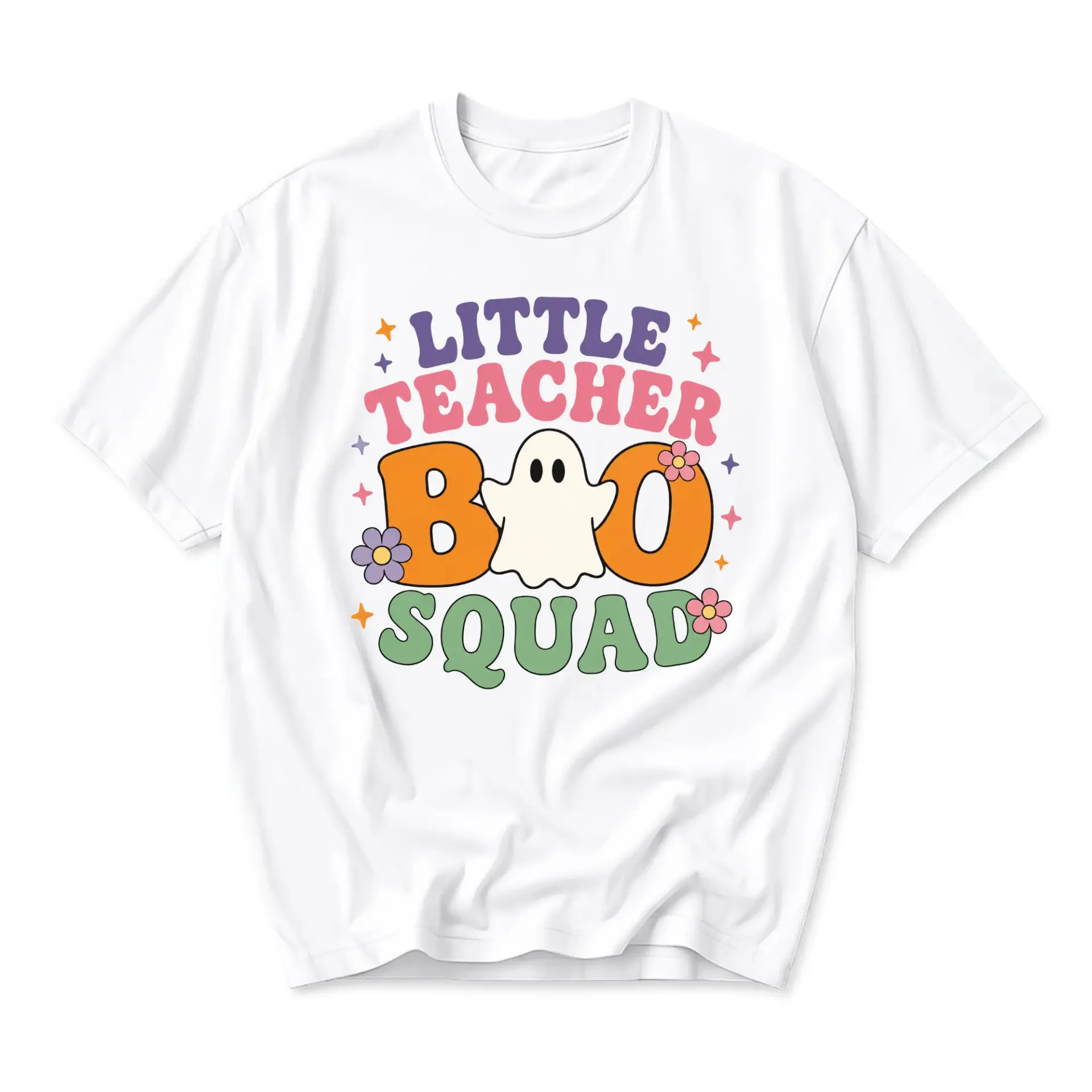 Funny Shirt Little Teacher Boo Squad Graphic Tee Retro Ghost Fall Unisex Casual Short Sleeve Crew Neck T-Shirt White