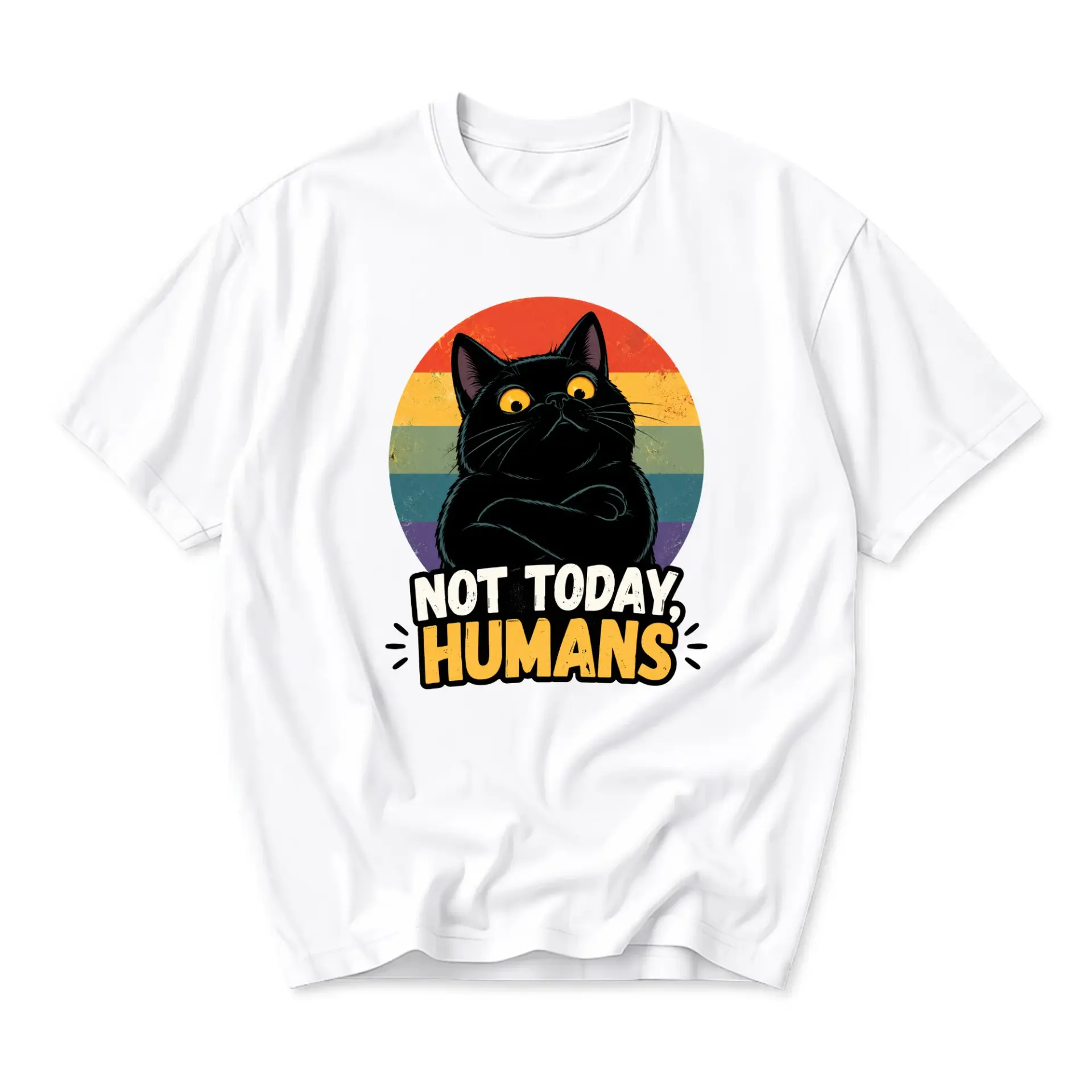 Funny Shirt Not Today Humans Black Cat Retro Sunset Graphic Tee Unisex Casual Crew Neck Soft Cotton Apparel Top