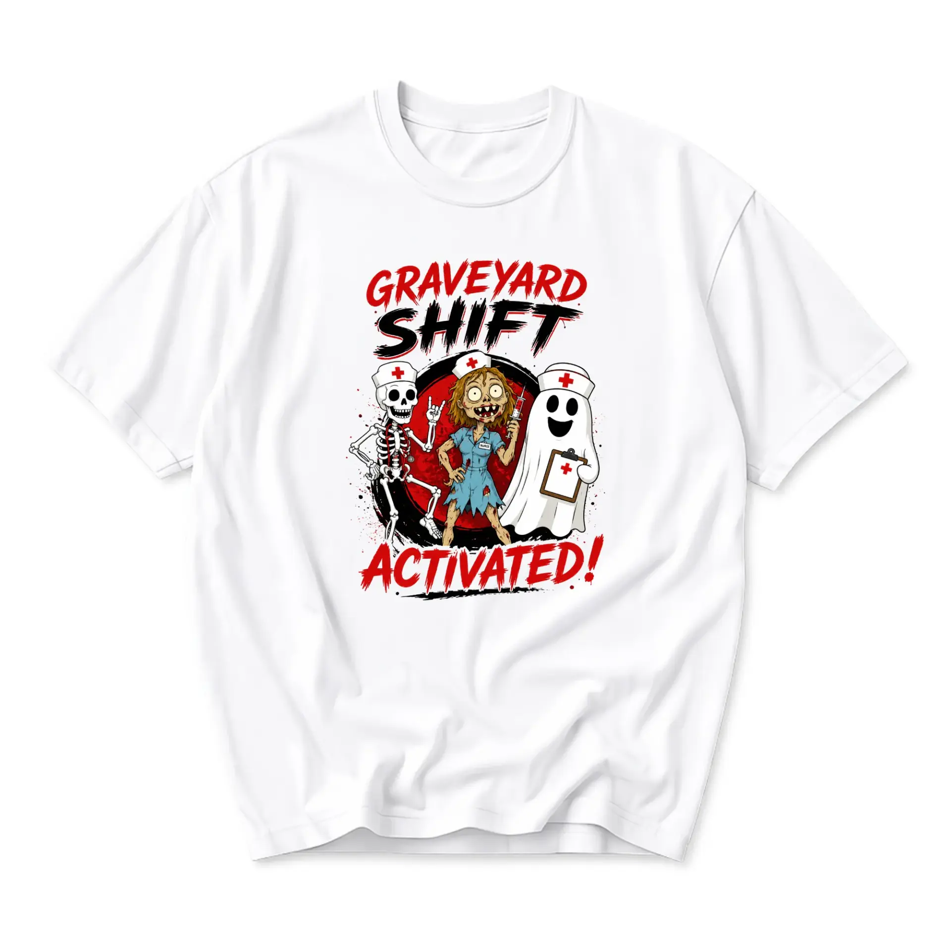 Funny Shirt Graveyard Shift Activated Spooky Nurse Graphic Tee Humorous Halloween Inspired Unisex Crew Neck Top