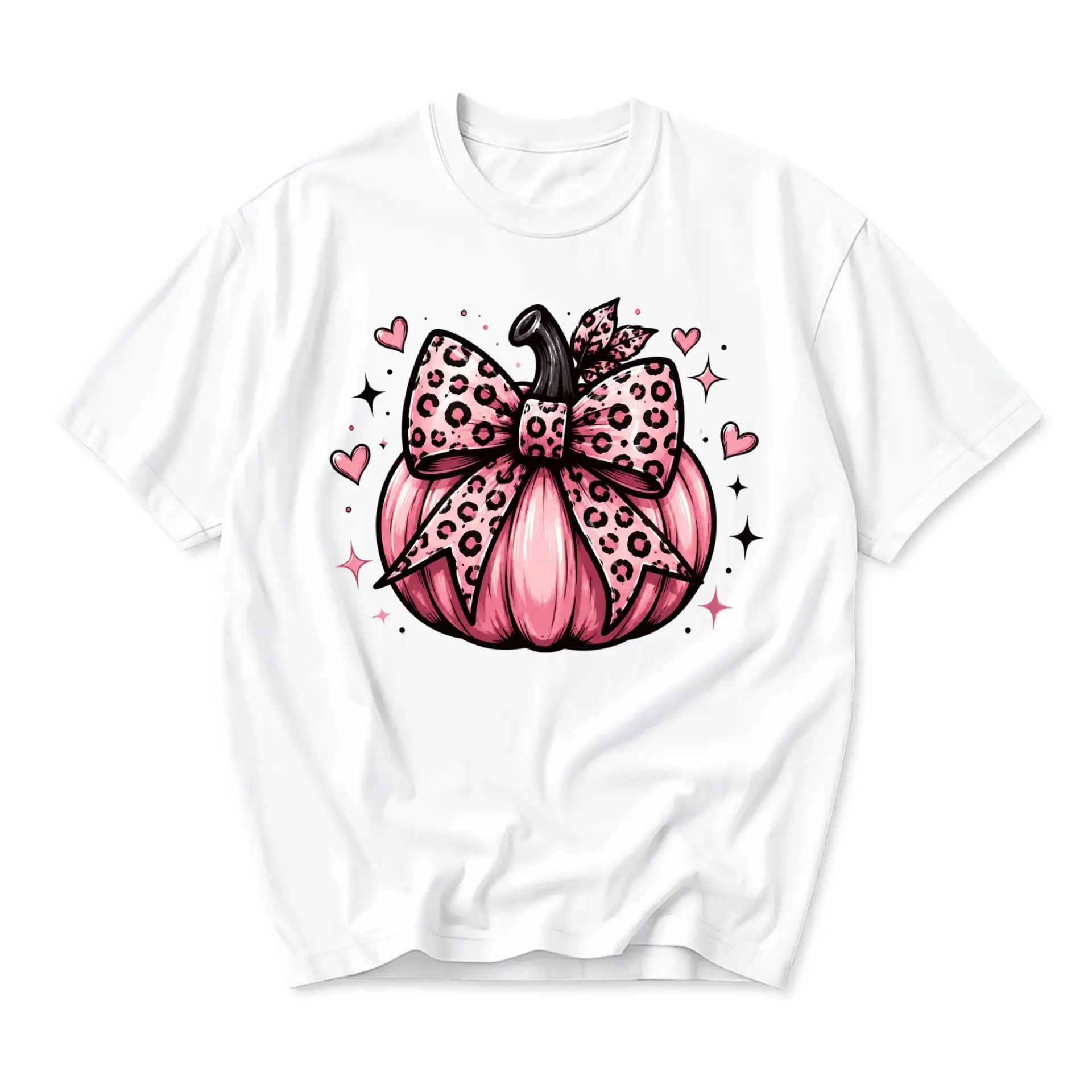 Graphic Tee Pink Pumpkin Leopard Print Bow Fall Autumn Season Short Sleeve Crew Neck Unisex Casual Everyday Cotton Shirt