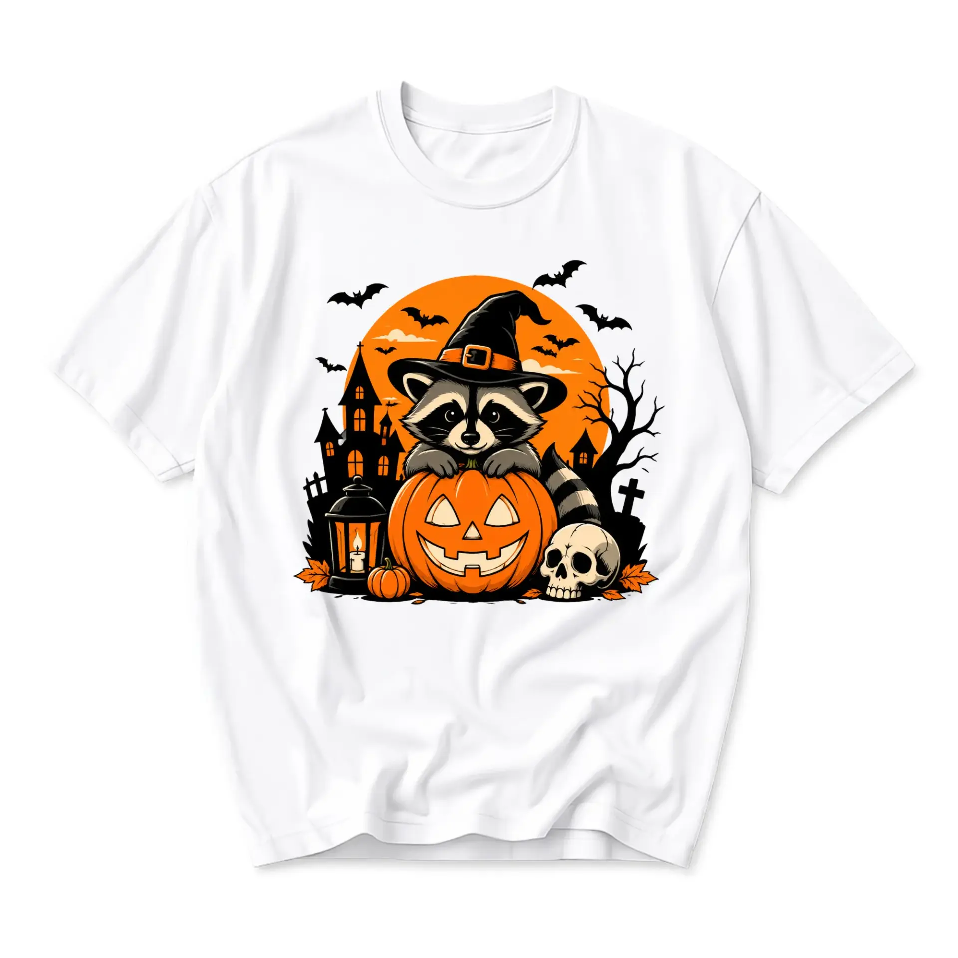 Graphic Tee Unisex Raccoon Wearing Witch Hat Behind Jack O Lantern Pumpkin Halloween Spooky Costume Cotton Shirt