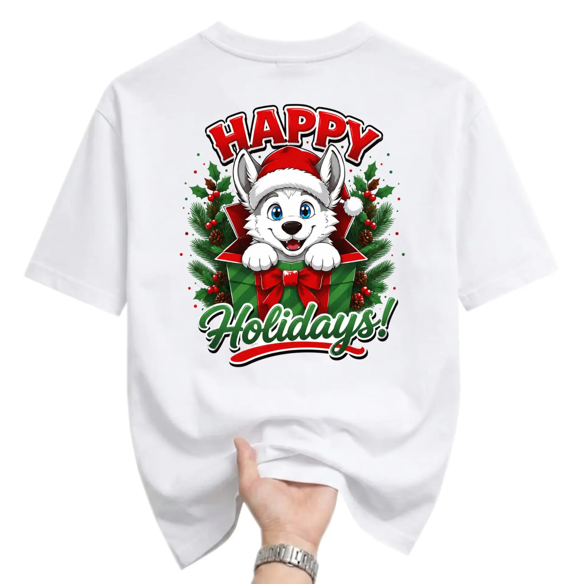 Graphic Tee Happy Holidays Husky Puppy in Christmas Gift Box Unisex Crew