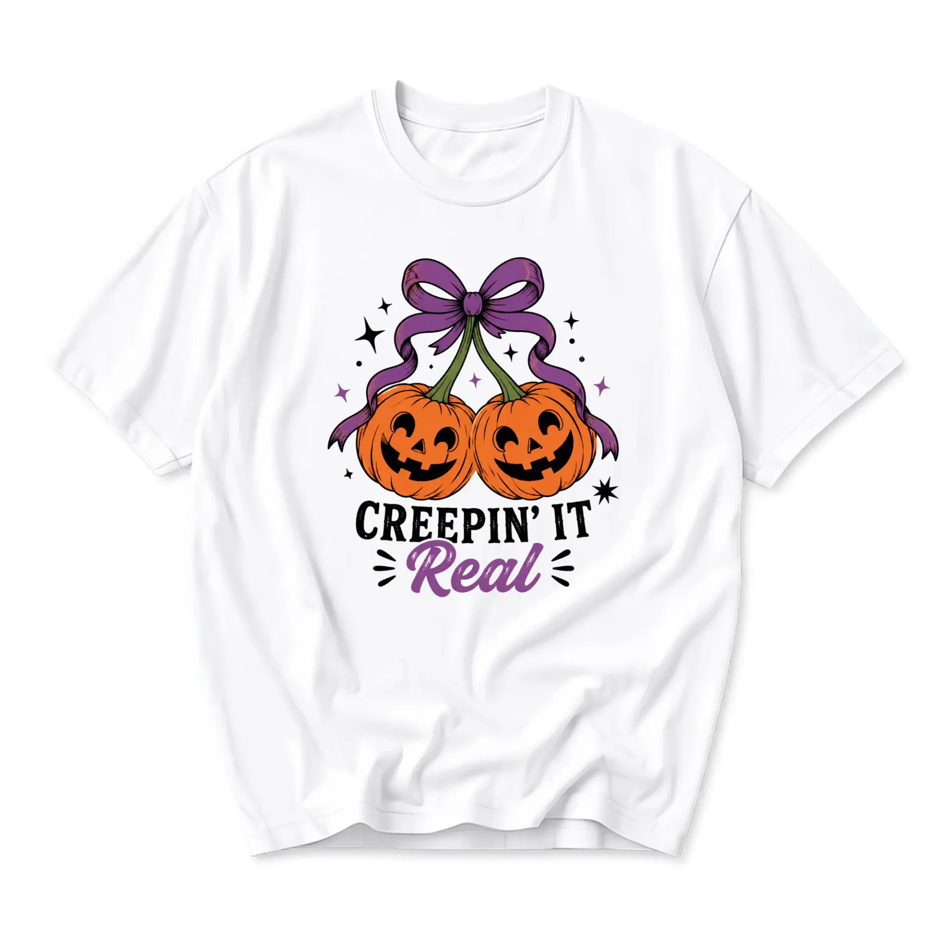 Funny Shirt Creepin It Real Halloween Pumpkin Graphic Tee Casual Unisex Short Sleeve Crew Neck Cotton Blend Apparel