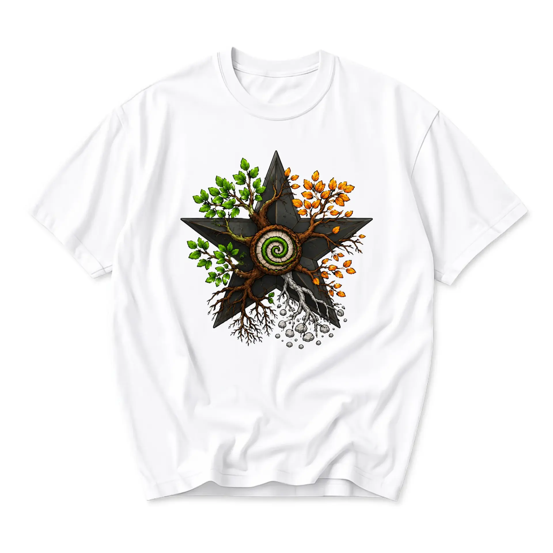 Graphic Tee Unisex Crew Neck T-Shirt Featuring Seasonal Tree of Life Inside a Dark Star Artistic Illustration