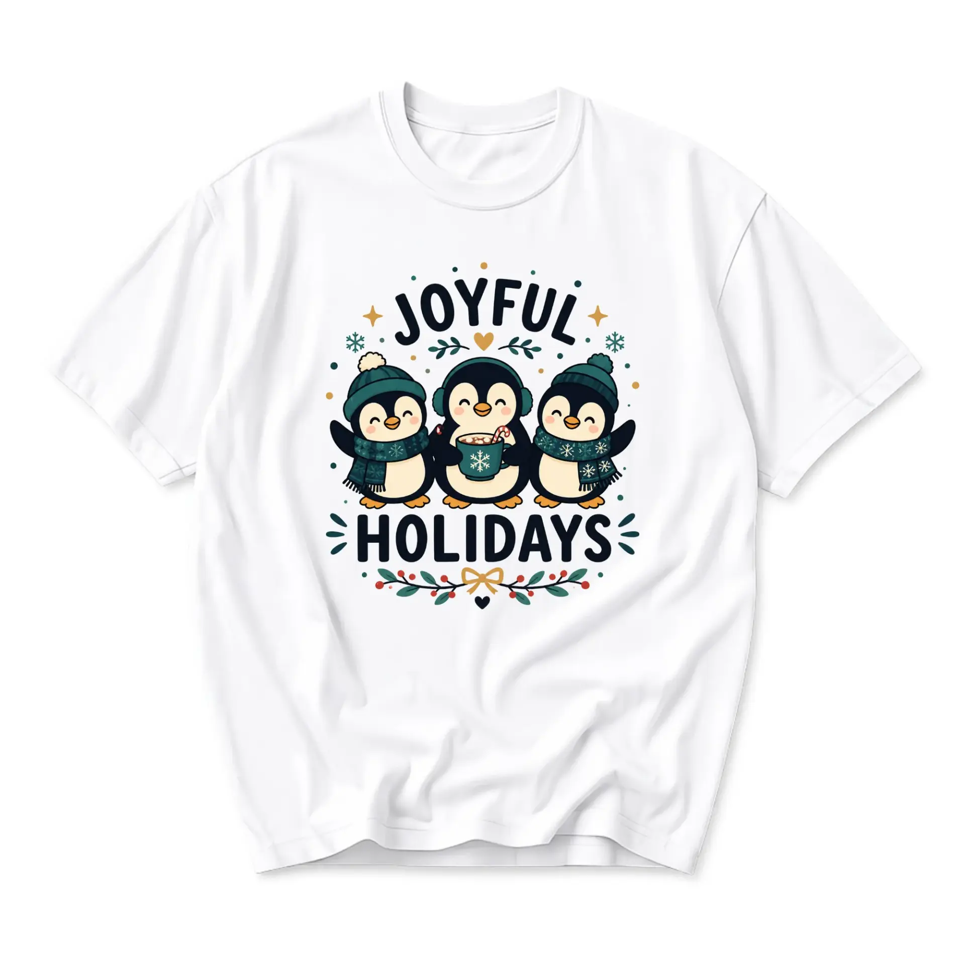 Graphic Tee Joyful Holidays Penguin Winter Celebration Unisex Crew Neck Short Sleeve Cotton Casual Graphic Shirt