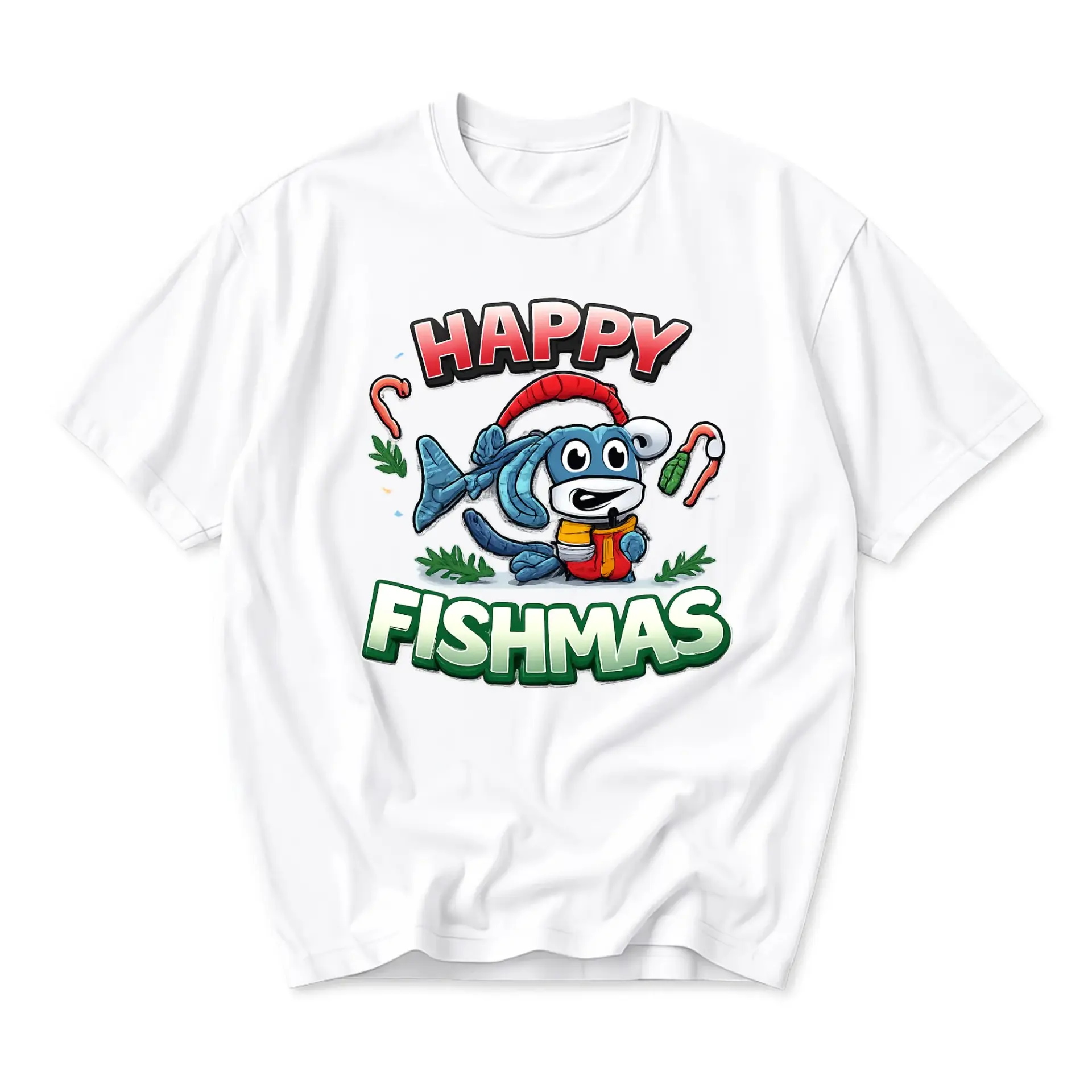 Funny Shirt Happy Fishmas Holiday Graphic Tee Casual Unisex Crew Neck Cotton Blend Soft Breathable Everyday Apparel