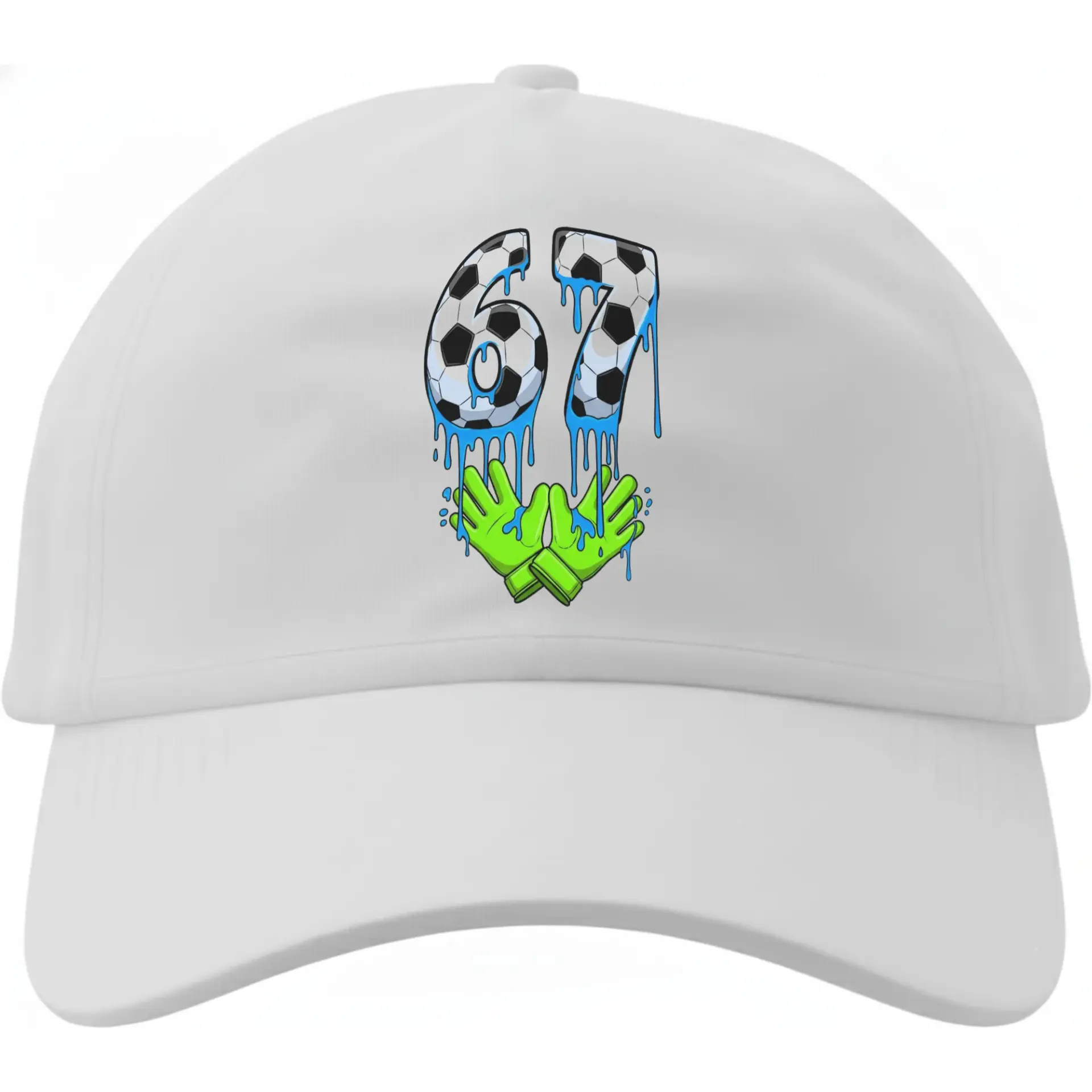 Baseball Cap Featuring Soccer Theme Number 67 Graphic Design with Goalie Gloves for Sports Enthusiasts and Everyday Wear