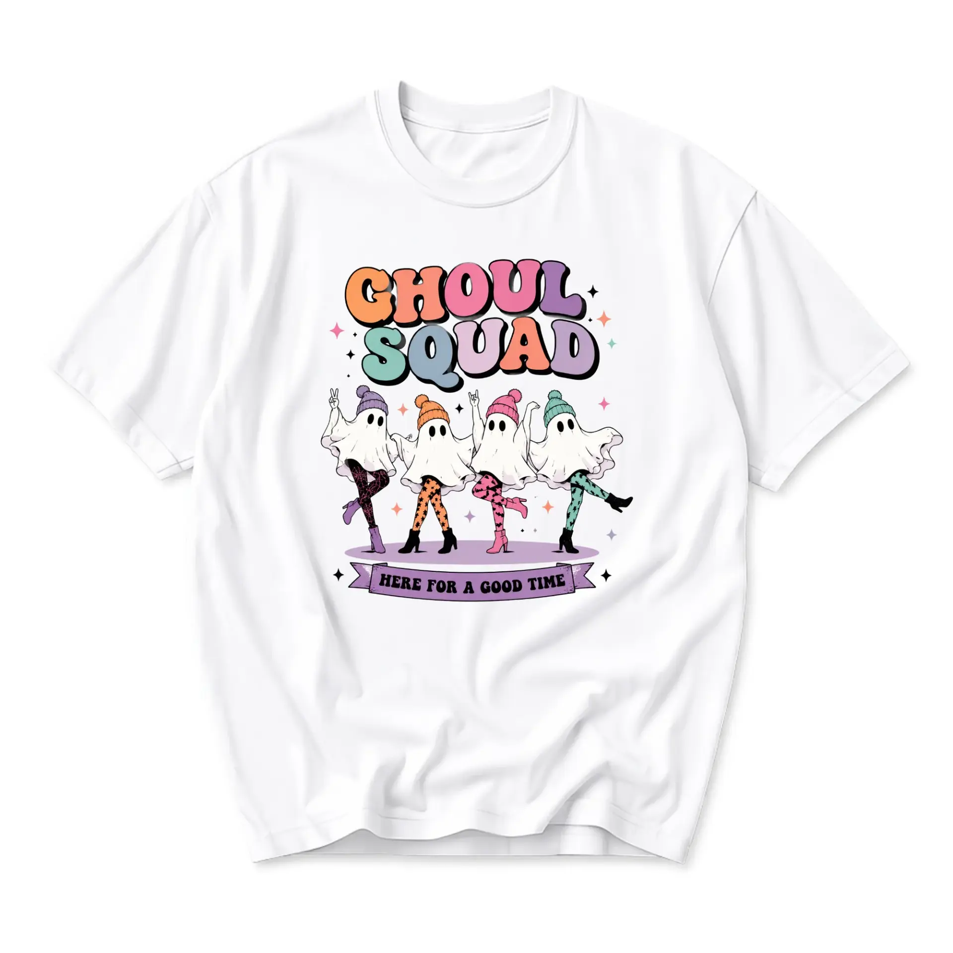Funny Shirt Ghoul Squad Graphic Tee Retro Ghost Friends Design Unisex Casual Crew Neck Soft Cotton Everyday Apparel