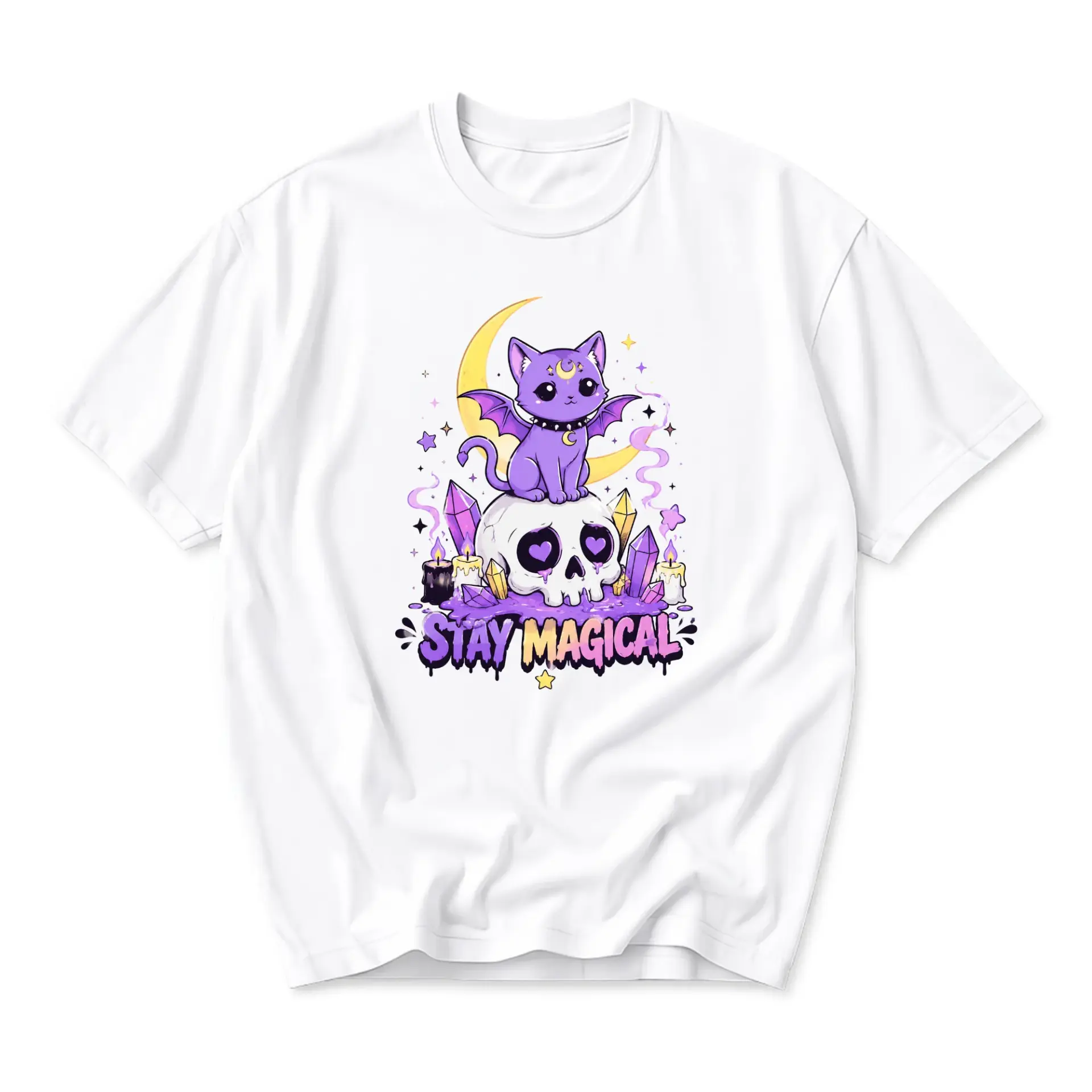 Graphic Tee Unisex Crew Neck T-Shirt Featuring Whimsical Purple Bat Cat Sitting on a Skull with Magical Elements