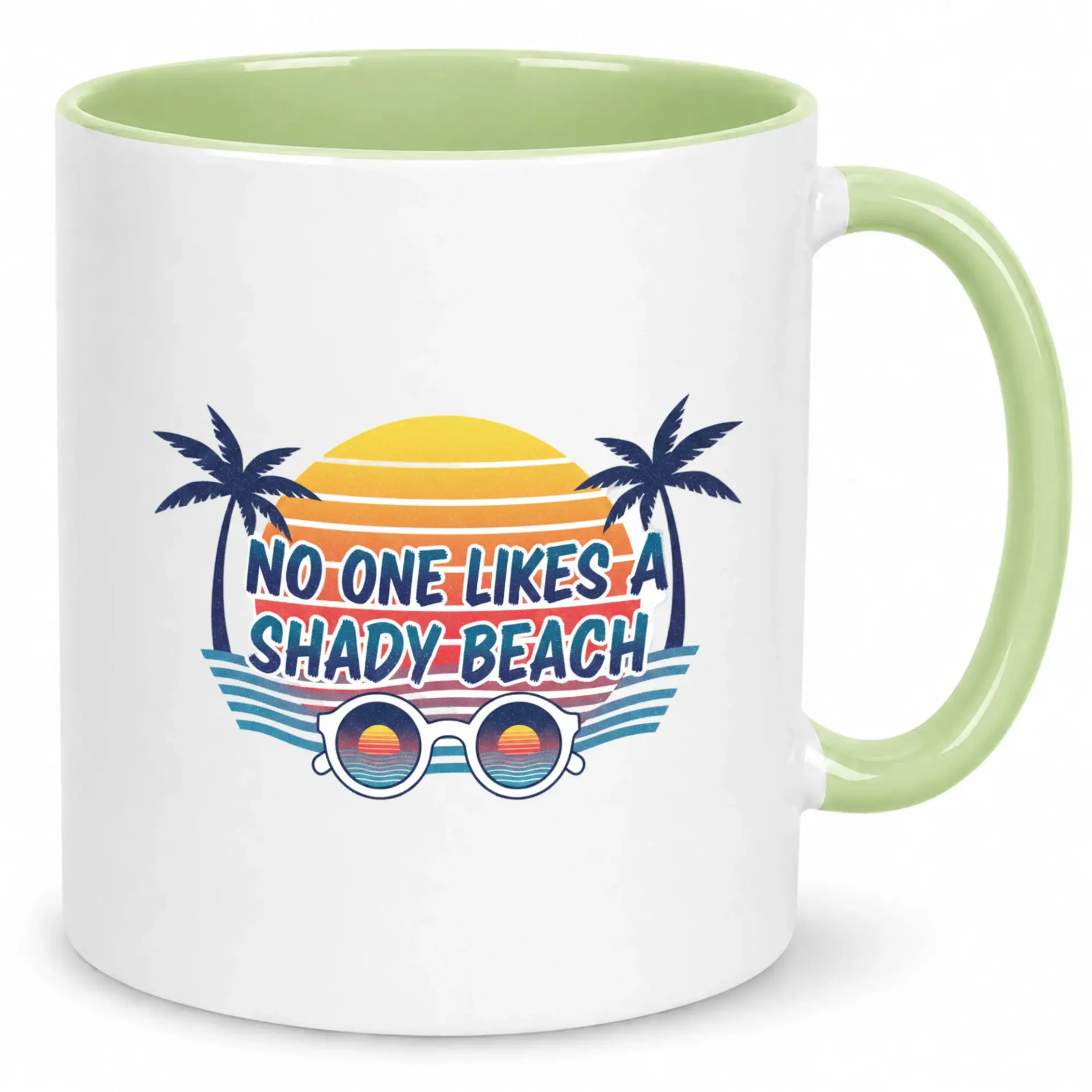 Funny Beach Themed Ceramic Coffee Mug with Humorous "no One Likes a Shady Beach" Retro Sunset Design, 11oz Drinkware