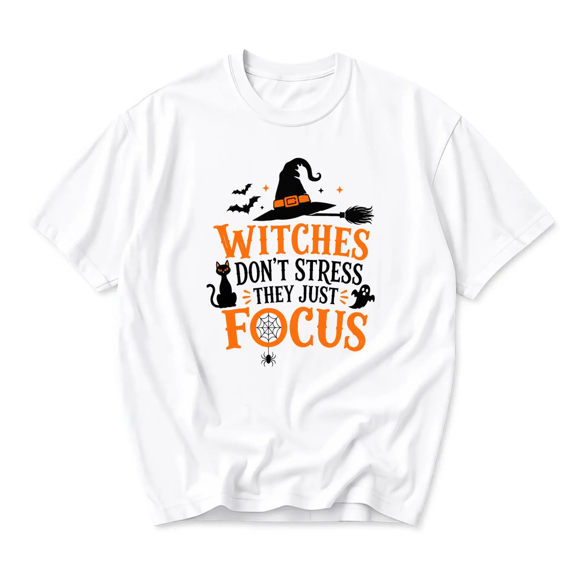 Graphic Tee Witches Don't Stress They Just Focus Funny Halloween Unisex Crew Neck Short Sleeve Shirt for Casual Wear