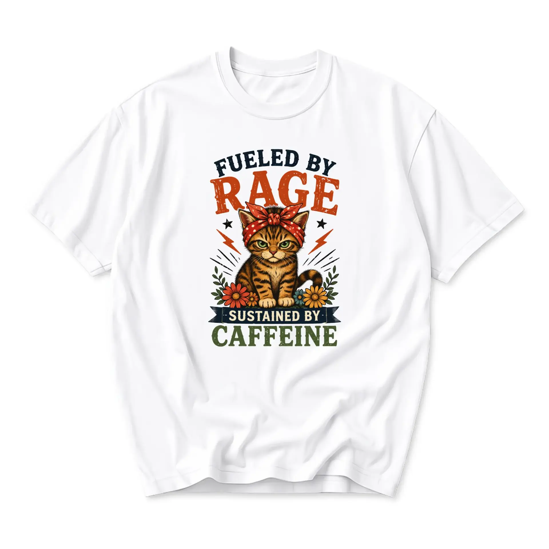 Funny Shirt Fueled by Rage Sustained by Caffeine Cat Graphic Tee Unisex Casual Apparel for Everyday Style Statement
