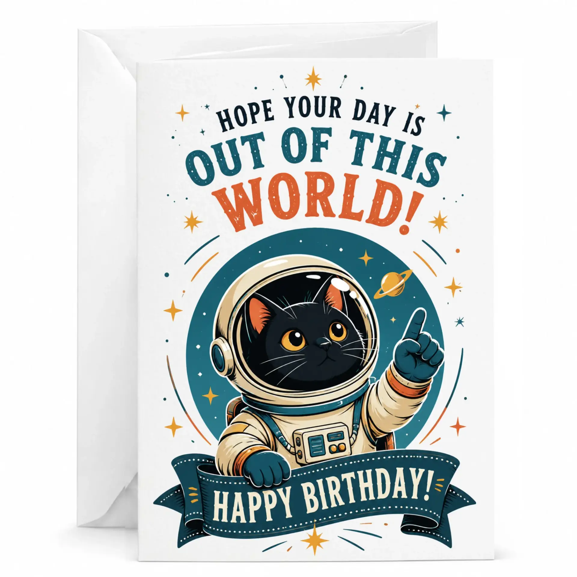 Birthday Card Out of This World Cat Greeting for Cosmic Fun with Matching White Envelope
