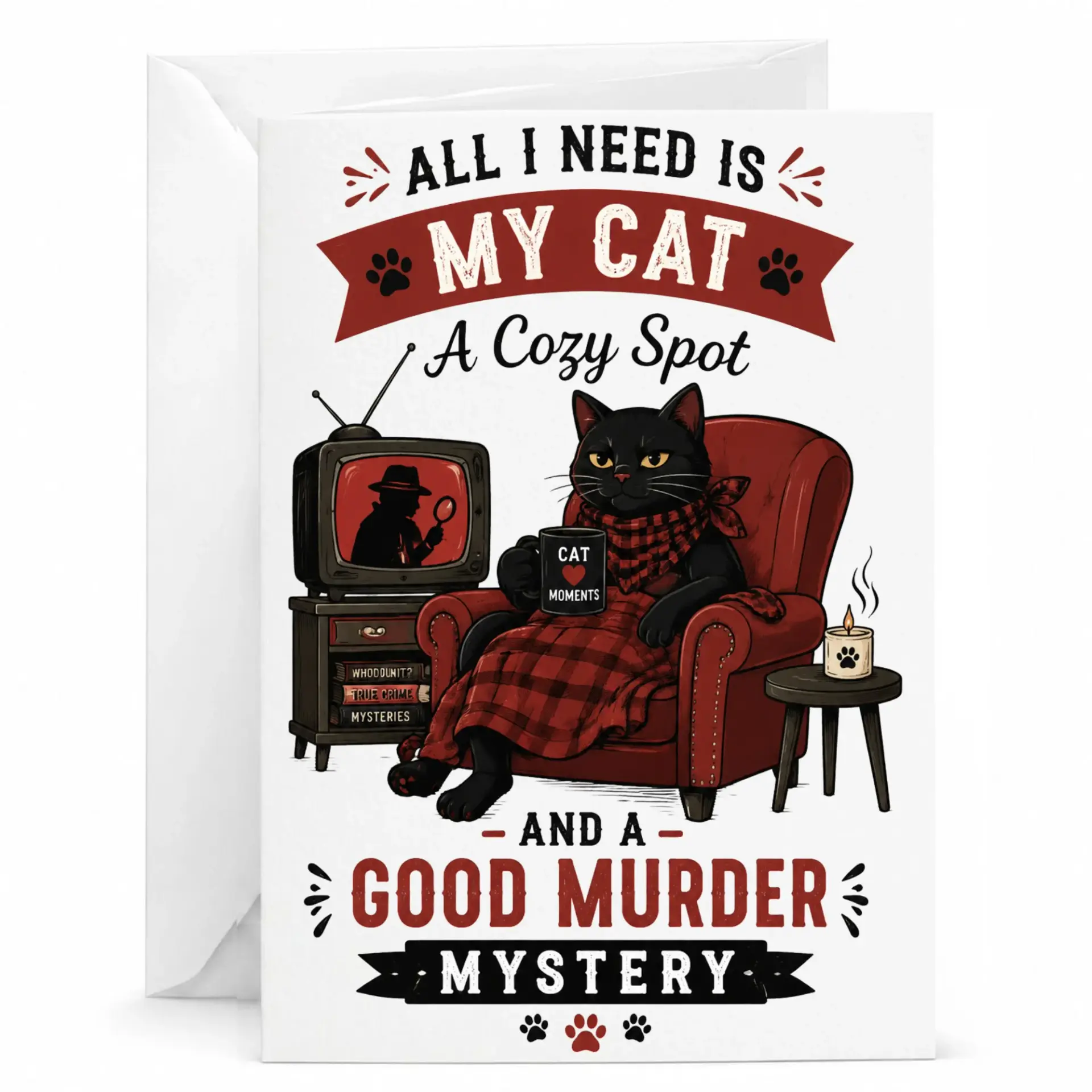 Funny Cat Greeting Card with Murder Mystery Design for Book Lovers and Feline Fans Premium Folded Stationery