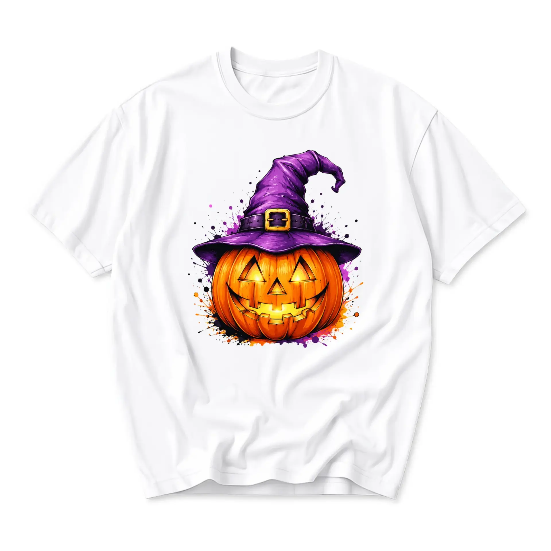 Graphic Tee Halloween Pumpkin with Witch Hat Print Unisex Cotton Casual Everyday Short Sleeve Crew Neck Shirt