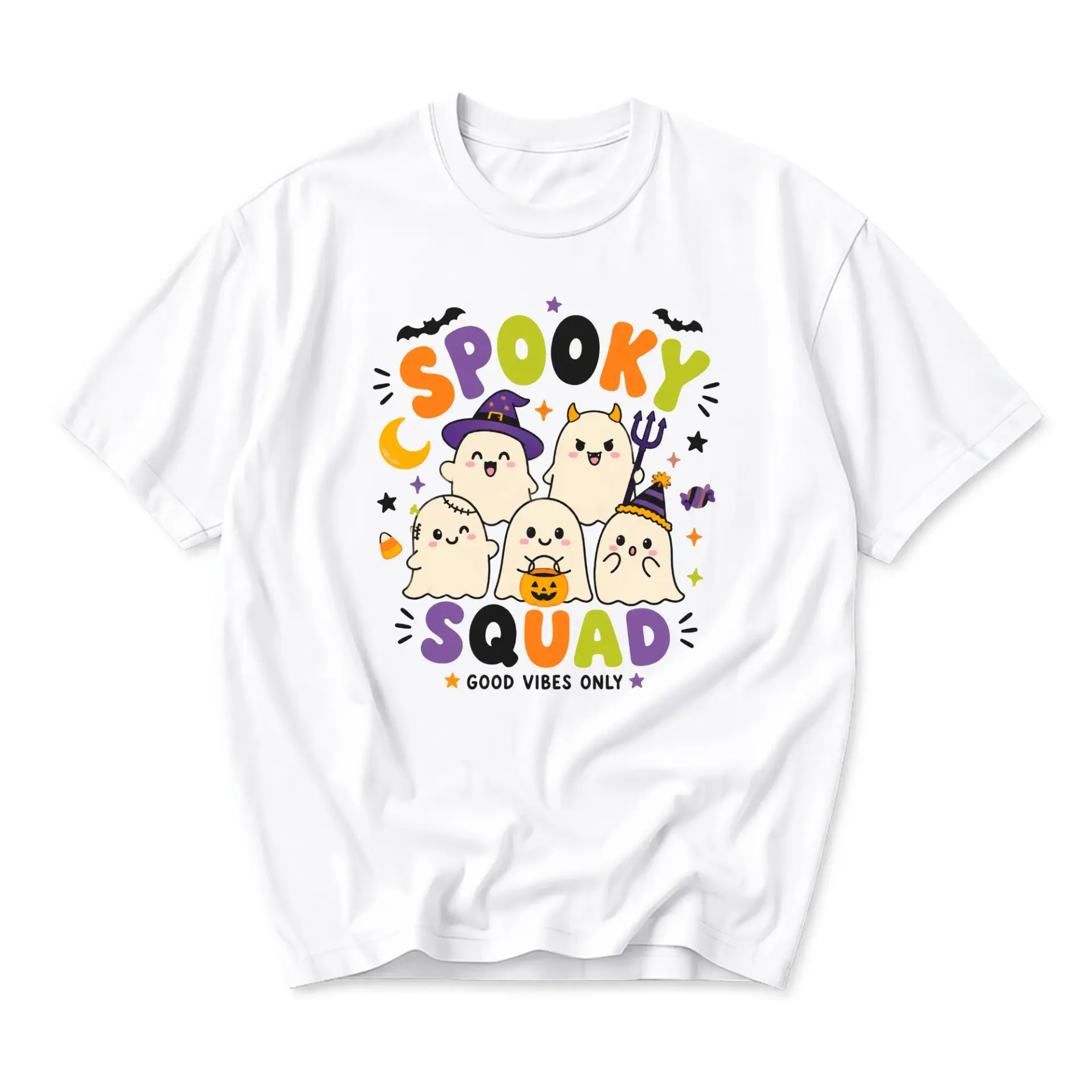 Graphic Tee Spooky Squad Cute Ghost Design Unisex Crew Neck Shirt for Casual Everyday Wear and Seasonal Style