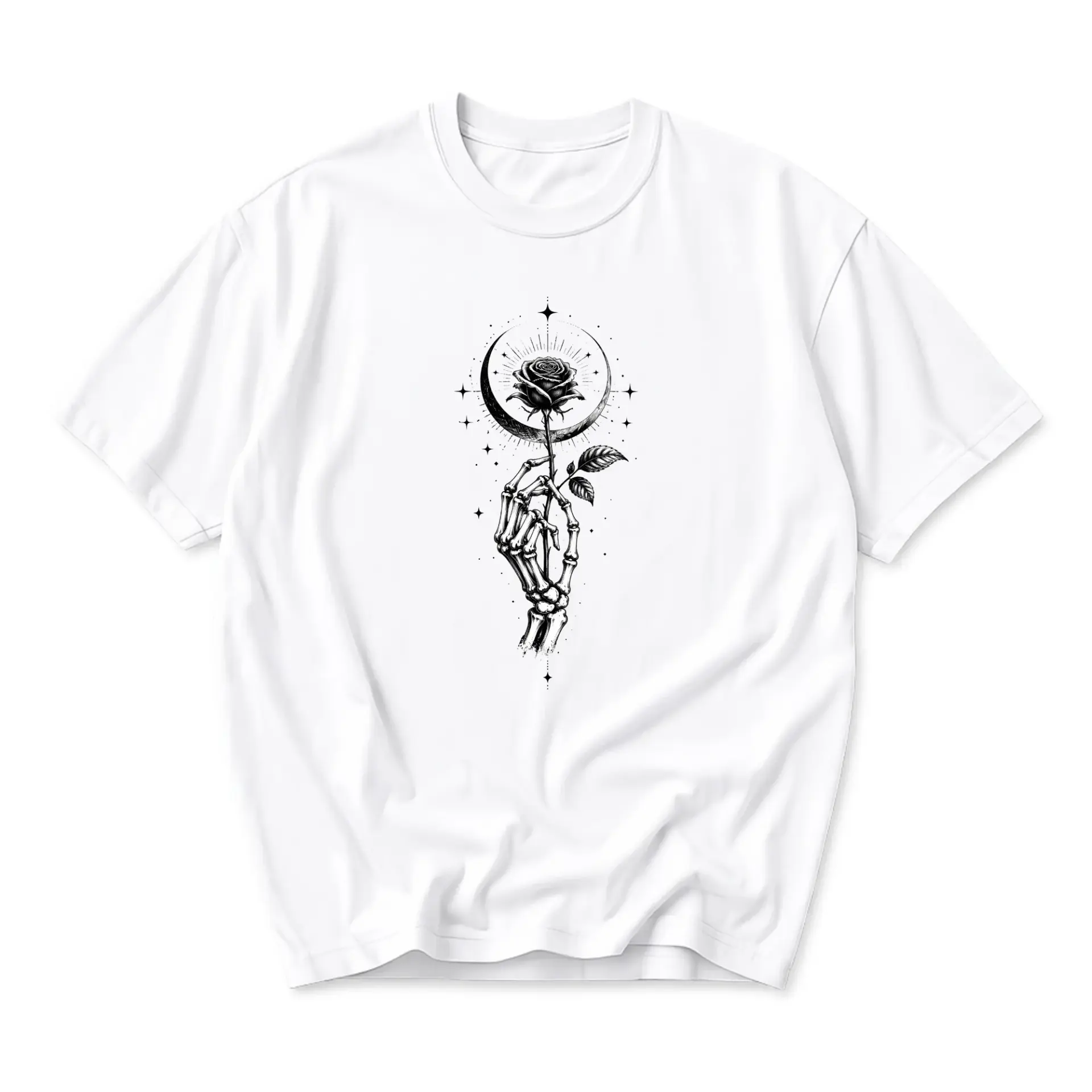 Graphic Tee Celestial Skeleton Hand Holding a Rose Illustration Unisex Crew Neck Short Sleeve Cotton Casual Shirt