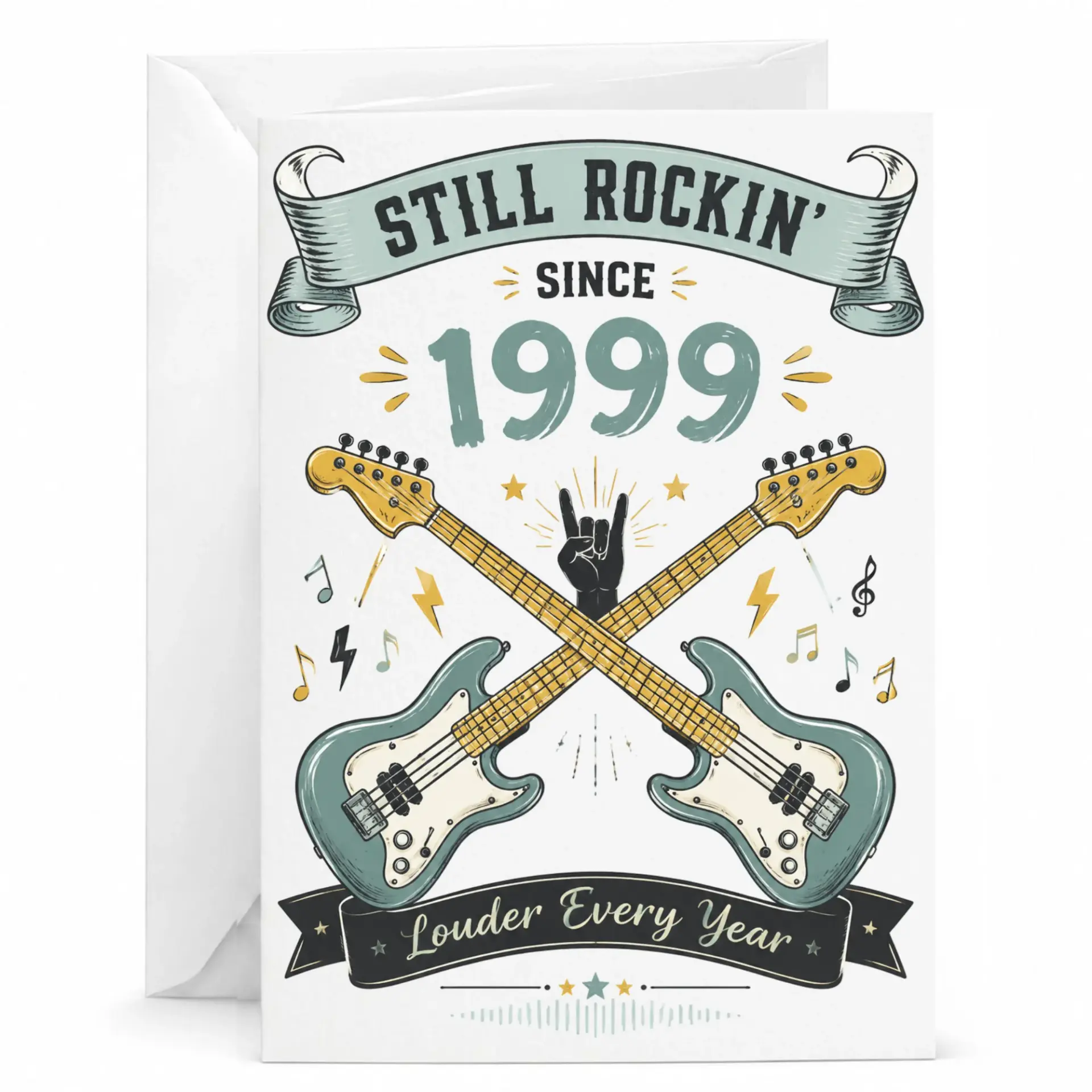 Funny Birthday Card Still Rockin Since 1999 Greeting Card with Envelope, Retro Music Theme for Milestone Birthday
