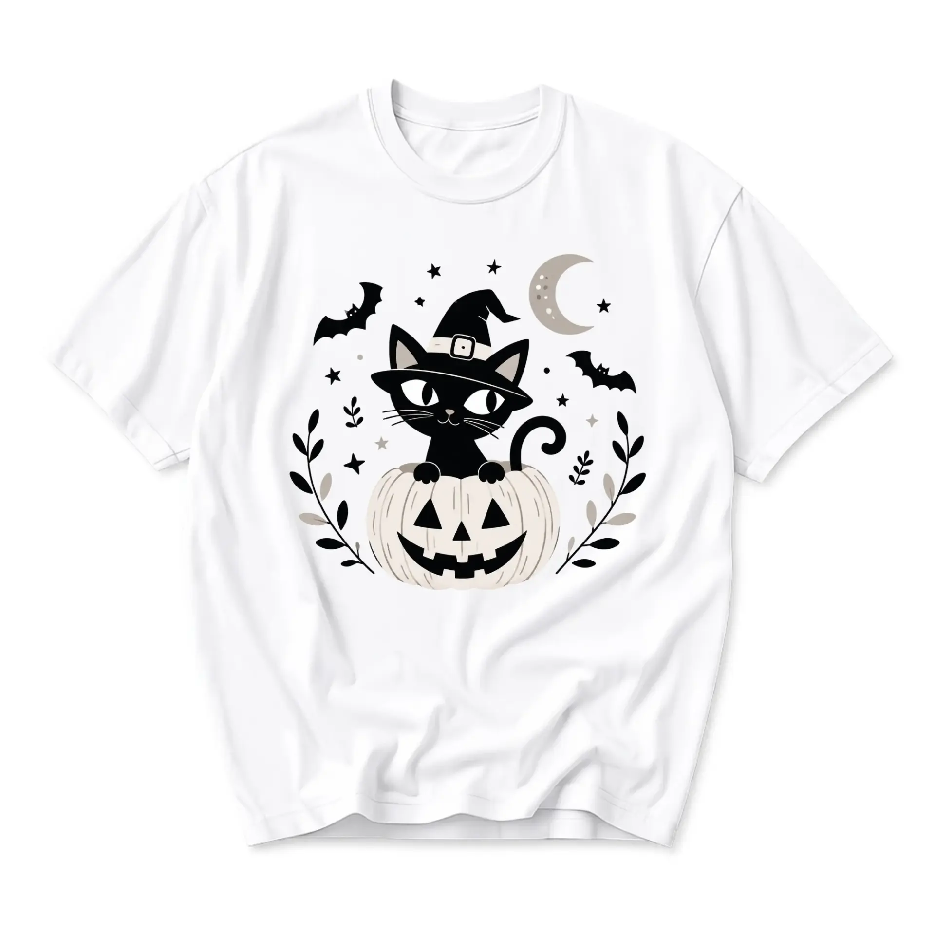 T-shirt Black Cat Witch Pumpkin Graphic Tee Unisex Casual Short Sleeve Crew Neck Cotton Blend Halloween Inspired Top
