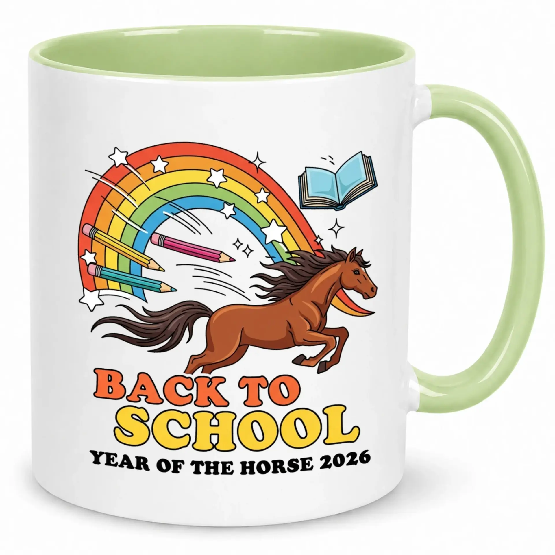 Funny Back to School Ceramic Coffee Mug with Horse and Rainbow Design, 11oz or 15oz White Glossy Finish Beverage Cup for Home Office