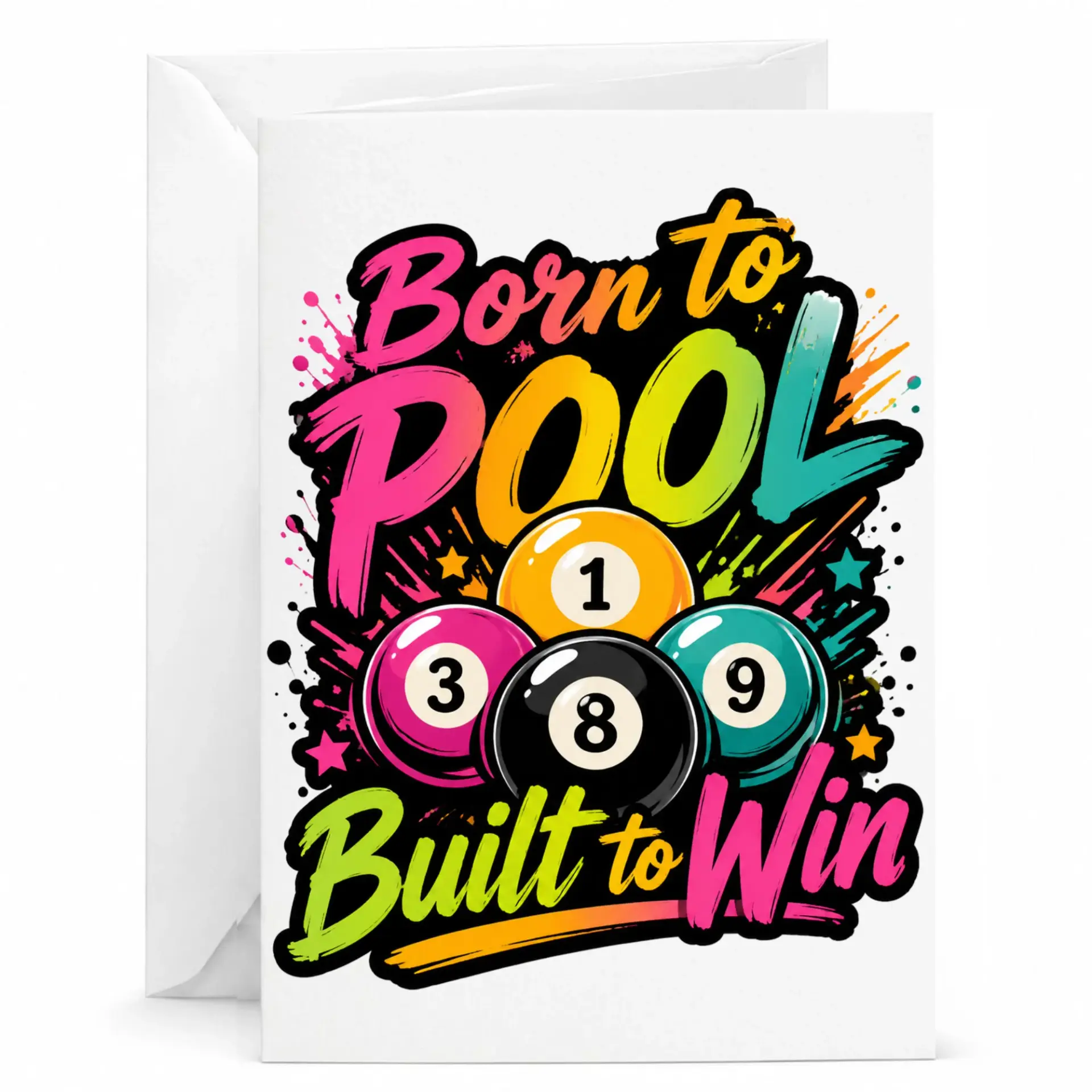 Greeting Card for Billiards Fans Born to Pool Built to Win Design Printed Stationery for Pool Players and Enthusiasts