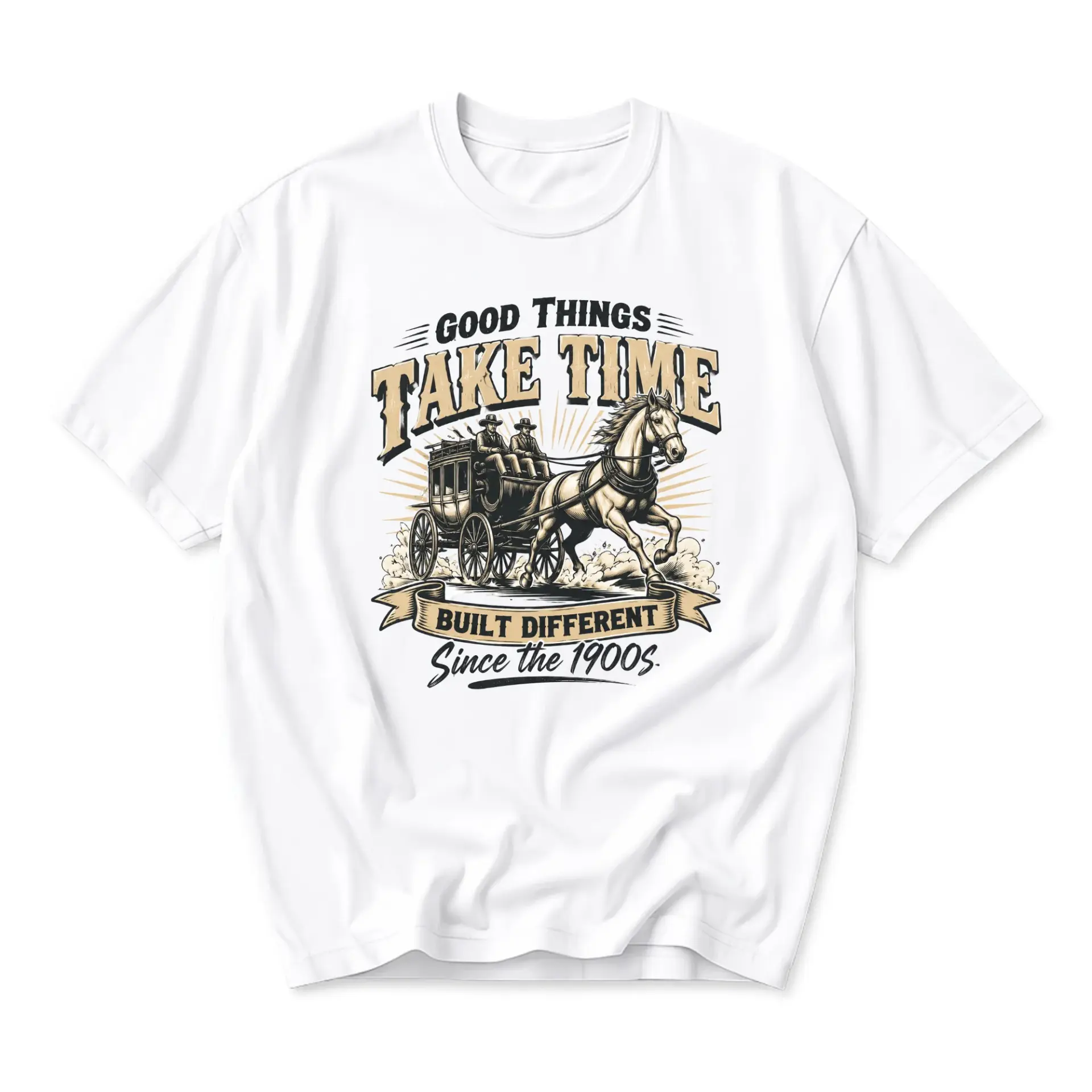 Graphic Tee Good Things Take Time Vintage Western Carriage Design Unisex Crew Neck Short Sleeve Casual Cotton T-Shirt