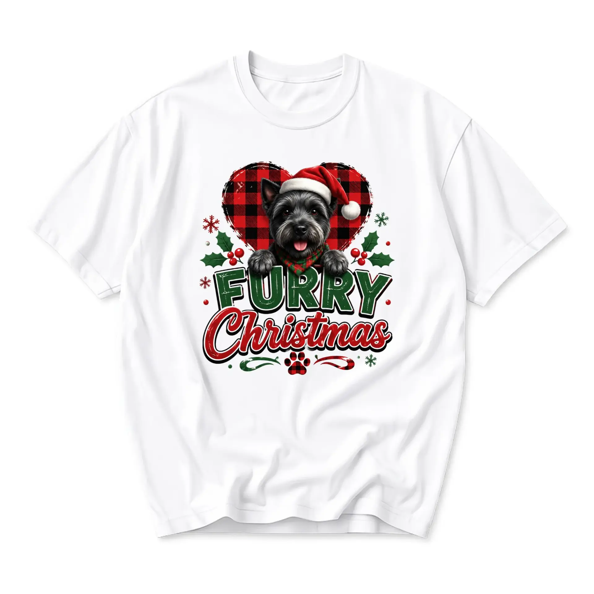 Graphic Tee Furry Christmas Cute Dog Wearing Santa Hat Holiday Unisex Crew Neck Casual Everyday Printed Cotton T-Shirt