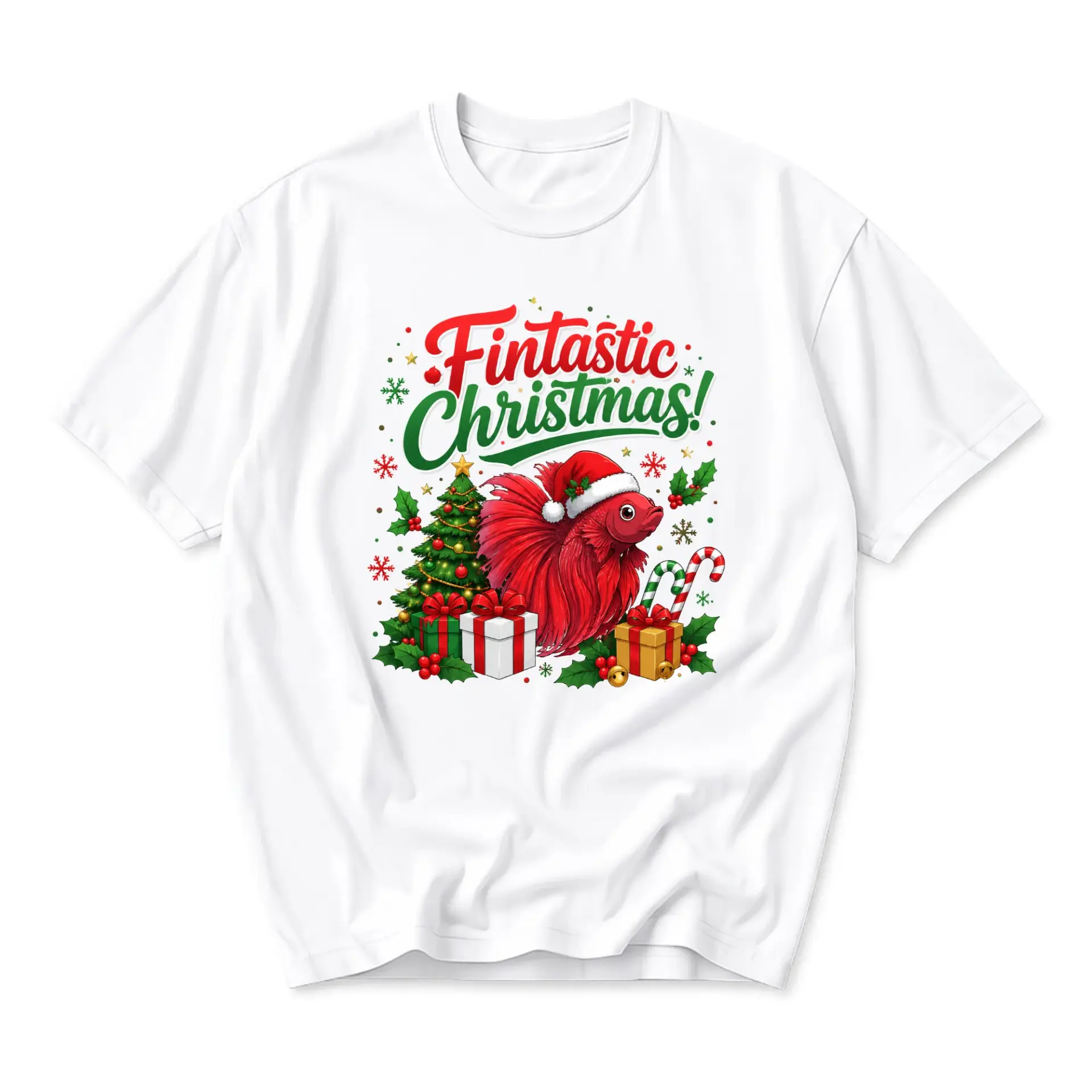 Funny Shirt Fintastic Christmas Fish Graphic Tee Seasonal Unisex Crew Neck Short Sleeve Casual Cotton Apparel