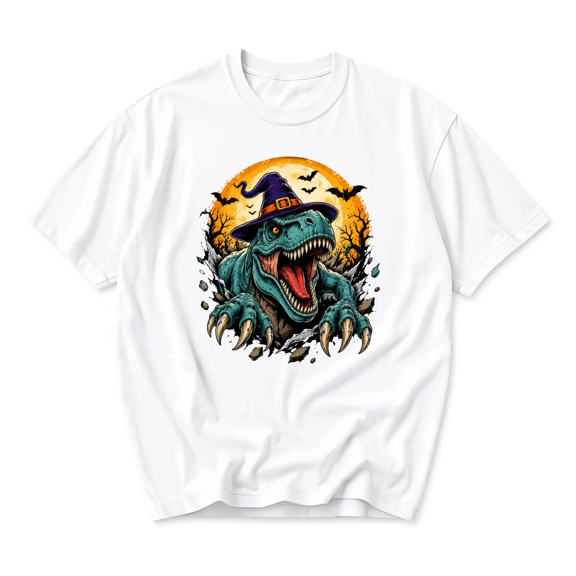 Graphic Tee Unisex Crew-Neck T-Shirt Featuring a Witch Hat Wearing Dinosaur Design for Casual Autumn Season Wear