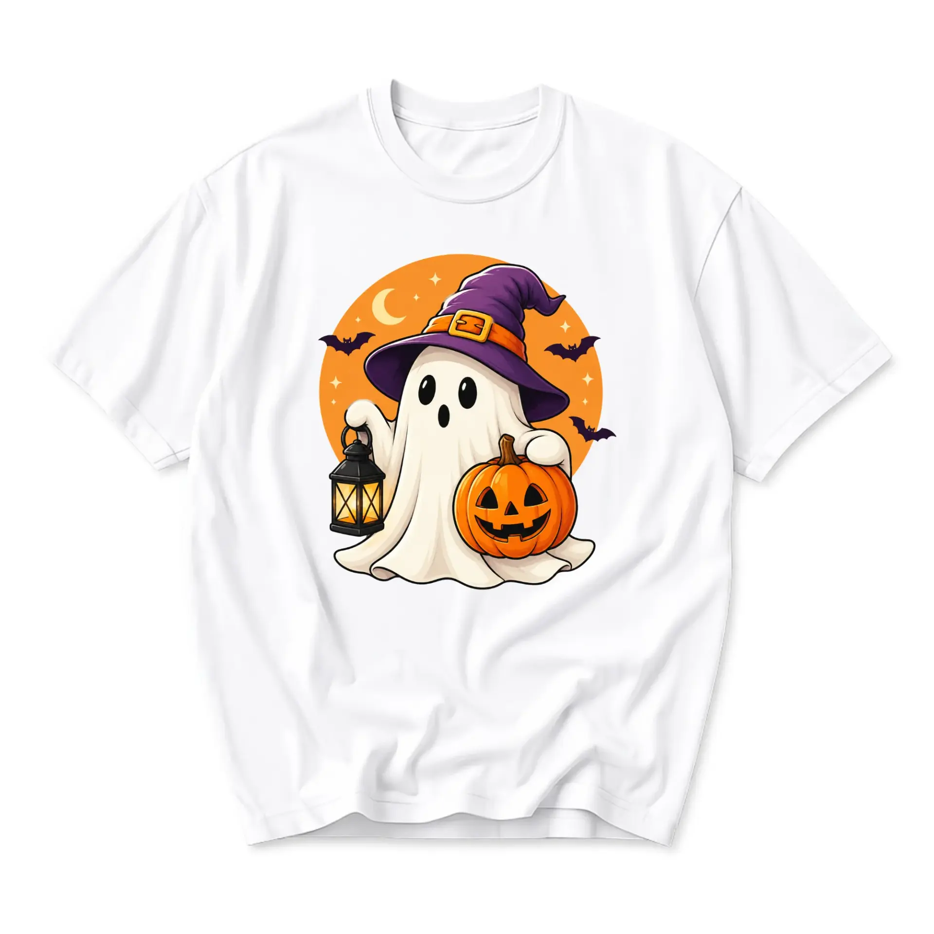 Graphic Tee Ghost with Pumpkin and Lantern Autumn Halloween Unisex Crew Neck Short Sleeve Soft Casual Cotton T-Shirt