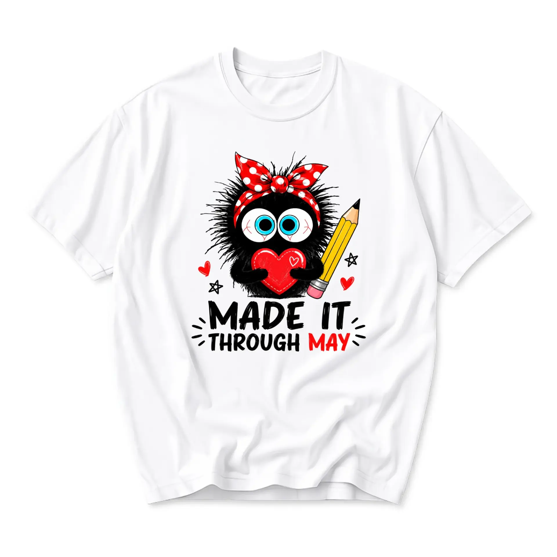 Graphic Tee Made It Through May Funny Shirt Cute Fuzzy Creature Illustration Unisex Casual Short Sleeve Crewneck