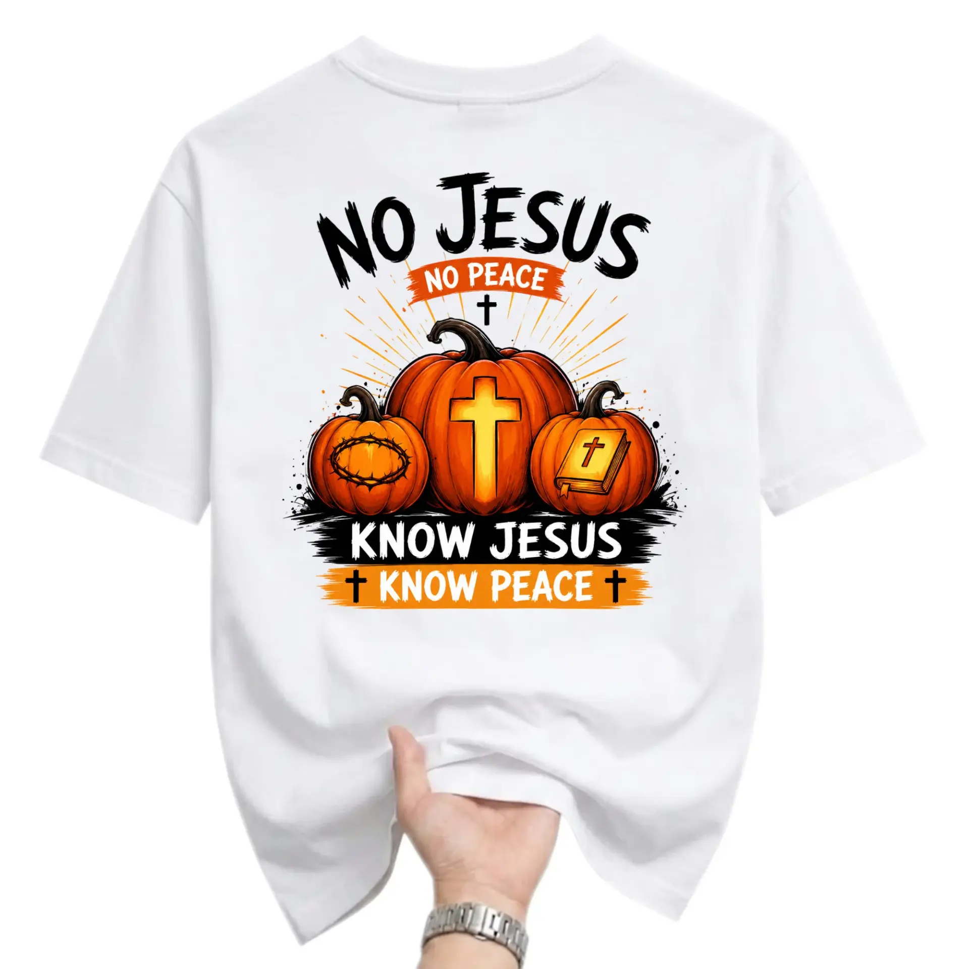 Funny Shirt No Jesus No Peace Know Jesus Know Peace Graphic Tee Autumn Pumpkin Religious Inspirational Christian Gift