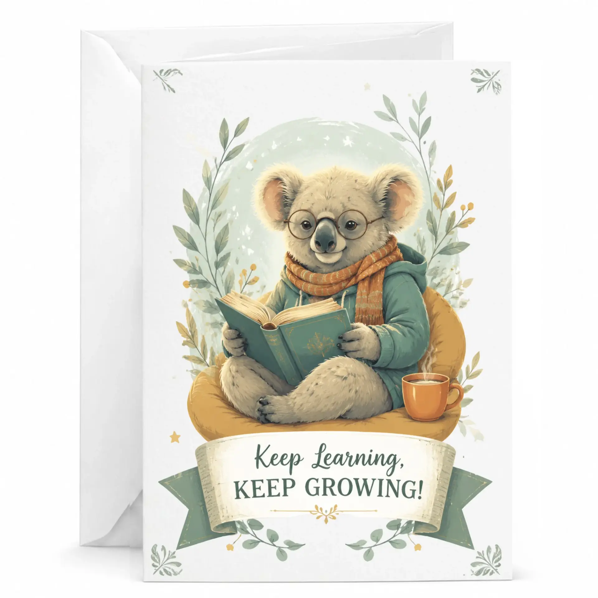 Greeting Card Keep Featuring a Cozy Koala Reading a Book with Warm Colors and