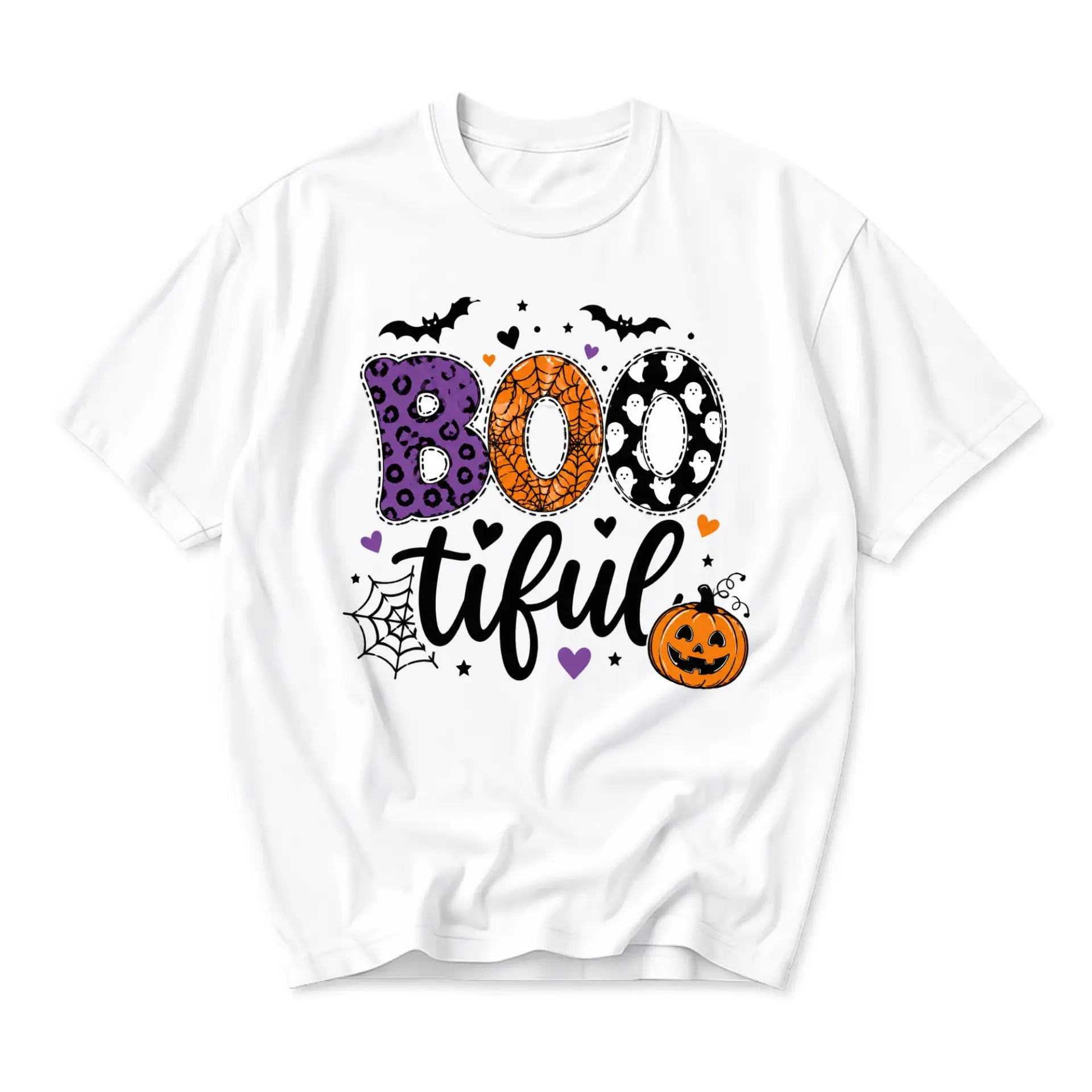 Graphic Tee Bootiful Pumpkin Print Halloween Unisex Crew Neck Shirt for Casual Everyday Wear and Seasonal Outfits